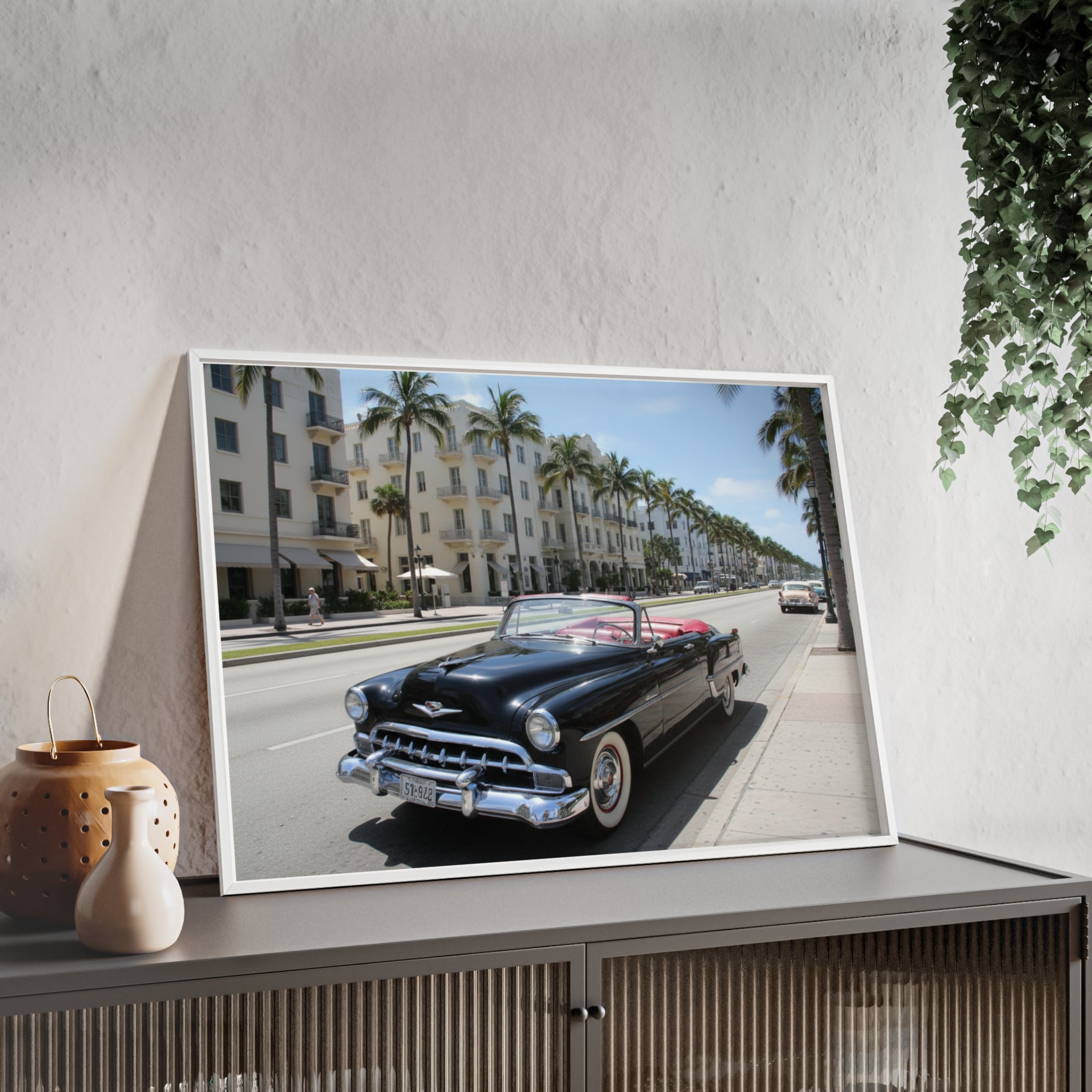 Vintage Convertible on Ocean Drive Framed Poster – Retro Classic Car Wall Art