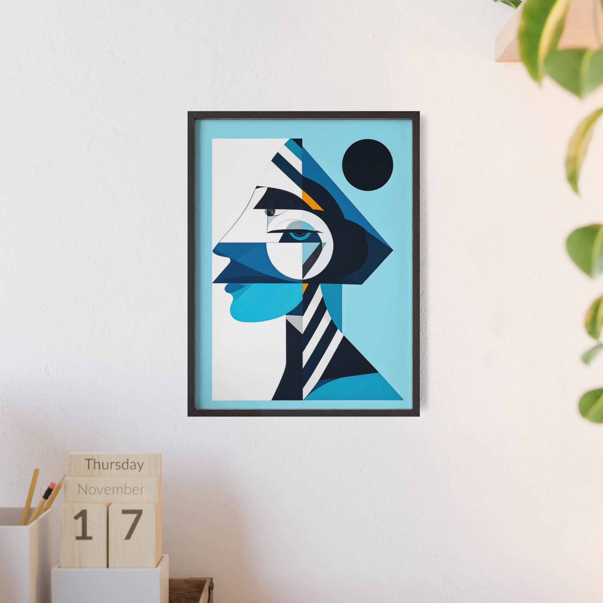 Abstract Geometric Portrait Poster with Wooden Frame — Blue Modern Wall Art