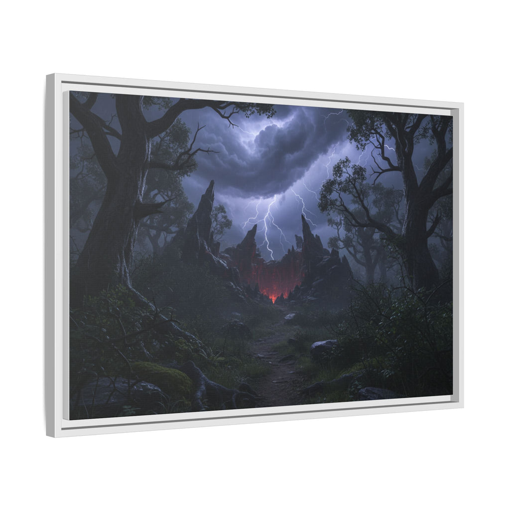 Dark Storm Forest Framed Canvas Print — Lightning, Haunted Castle Art