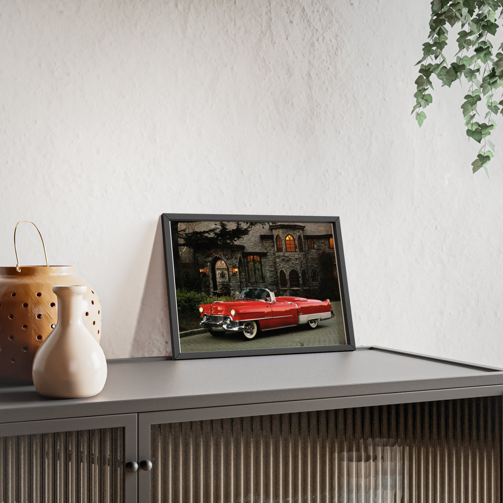 Vintage Red Convertible Poster with Wooden Frame — Classic Car Wall Art