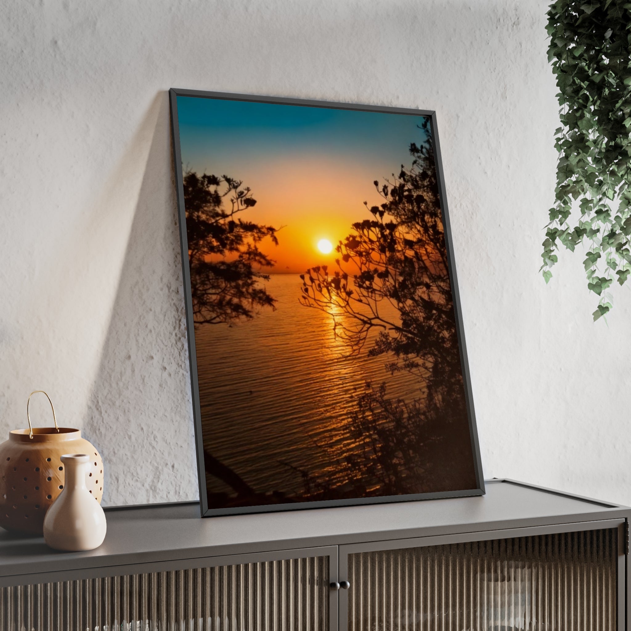 Sunset Coastal Poster with Wooden Frame — Framed Beach Wall Art