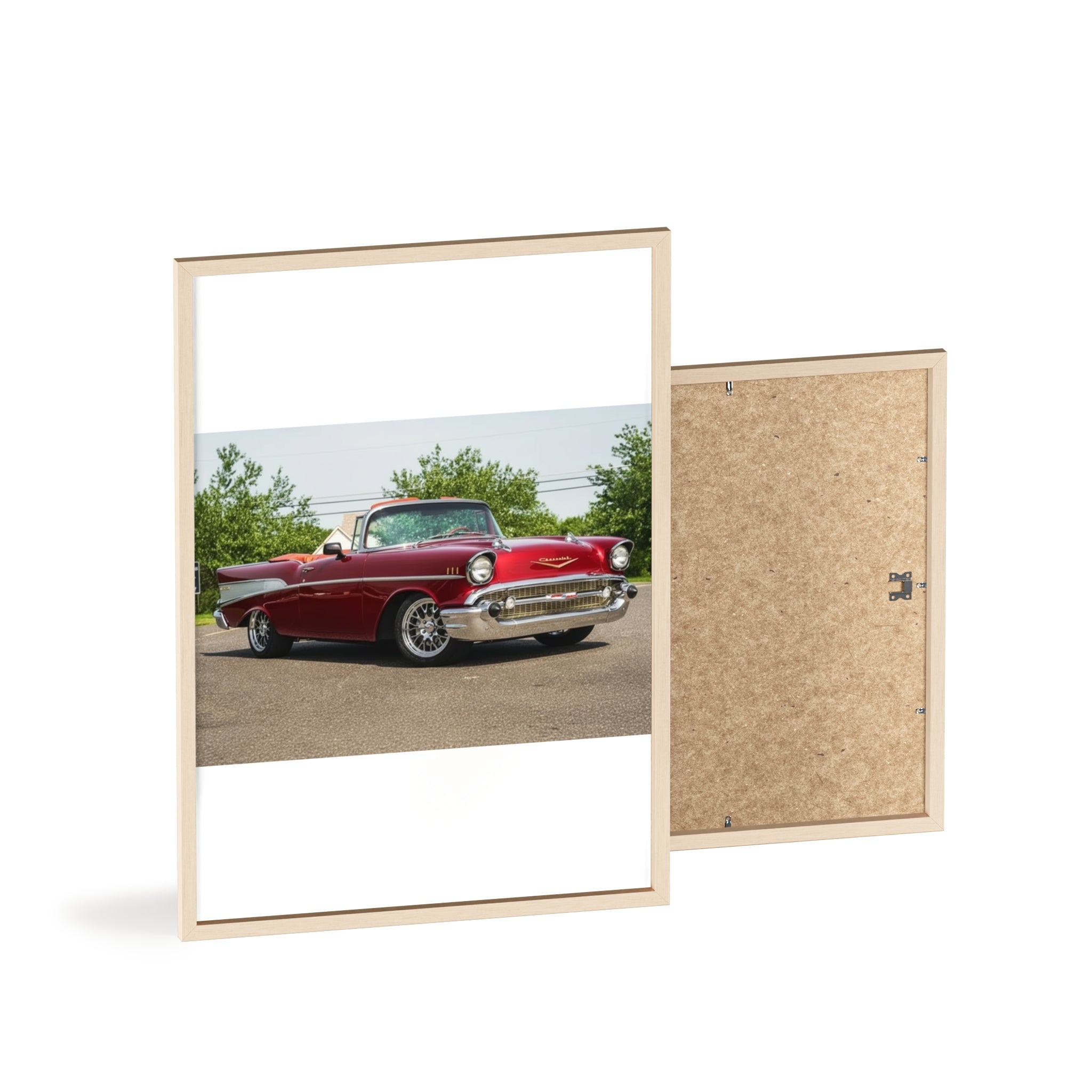 Classic Red Chevy Poster with Wooden Frame — Vintage Car Wall Art for Garage, Man Cave, Auto Enthusiasts
