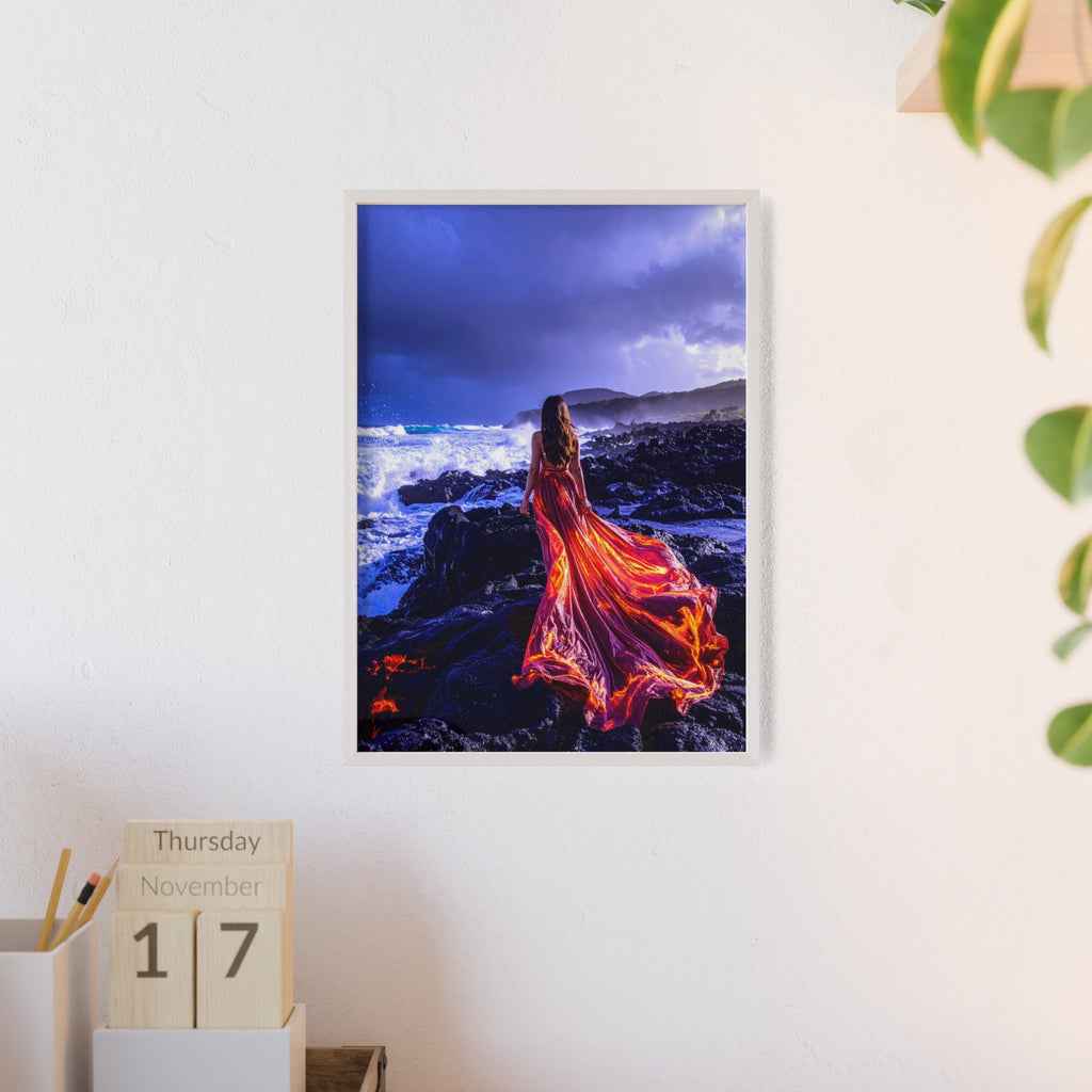 Framed Art Print — Woman in Fiery Red Dress on Rocky Shore (Wooden Frame Poster)