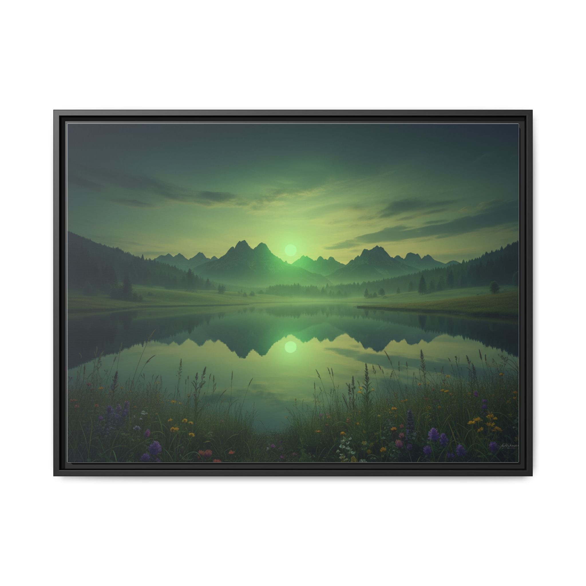 Framed Matte Canvas Print — Serene Green Mountain Lake Landscape