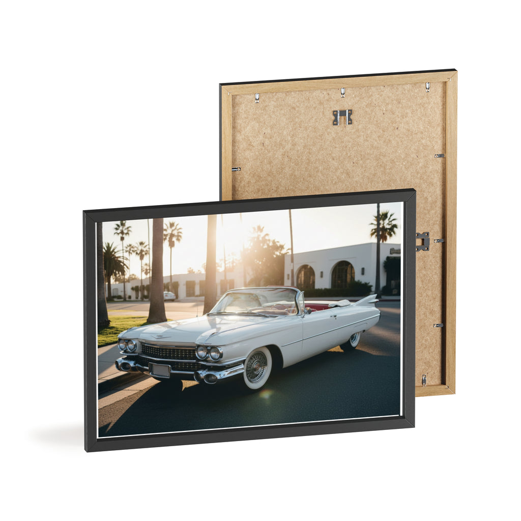 Vintage Cadillac Convertible Poster with Wooden Frame — Retro Palm Trees Sunset Wall Art