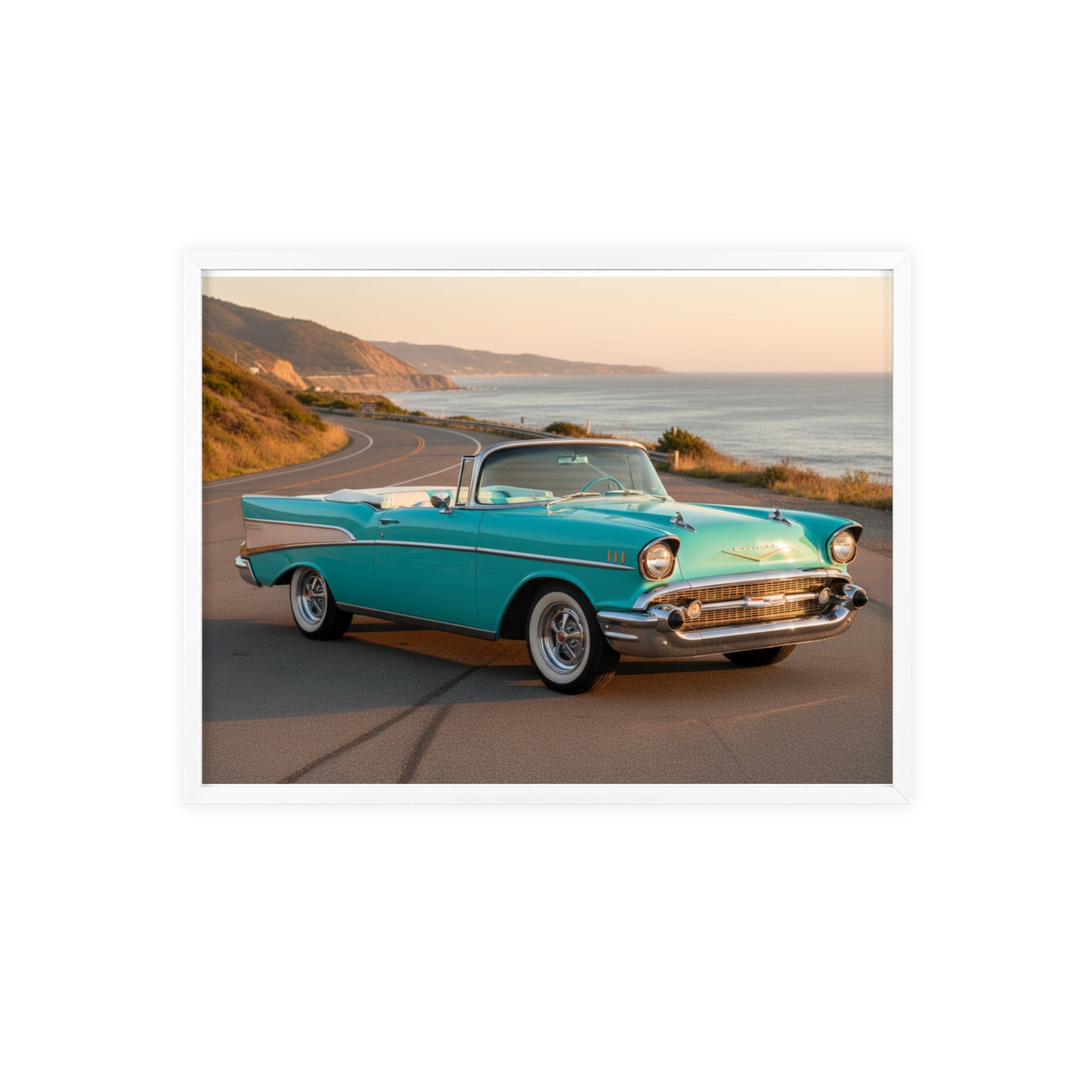 Vintage Teal Classic Car Poster with Wooden Frame — Coastal Road Print