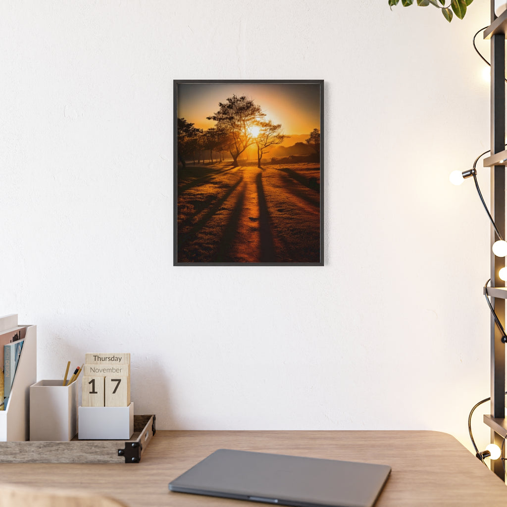 Sunrise Forest Poster — Framed Wooden Wall Art (Sunlit Trees)