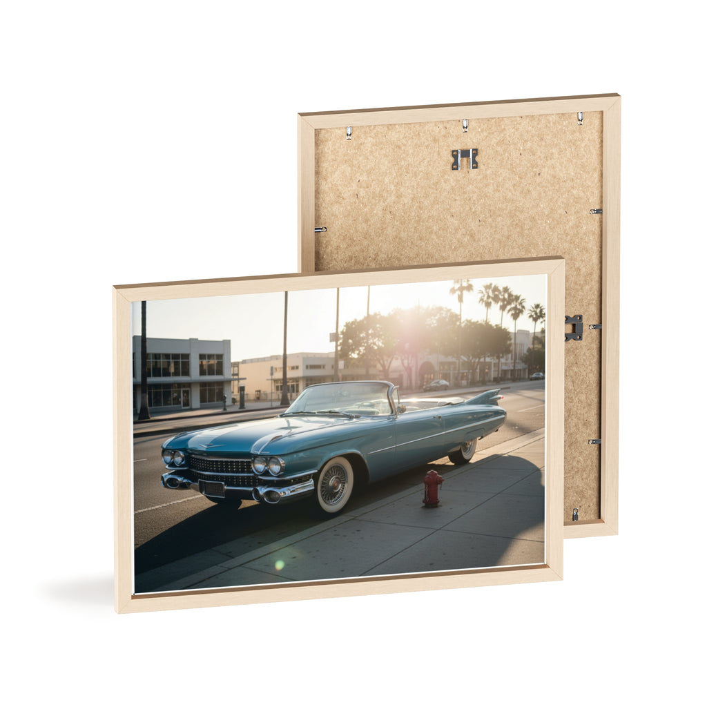 Vintage Blue Cadillac Poster with Wooden Frame – Retro Car Wall Art