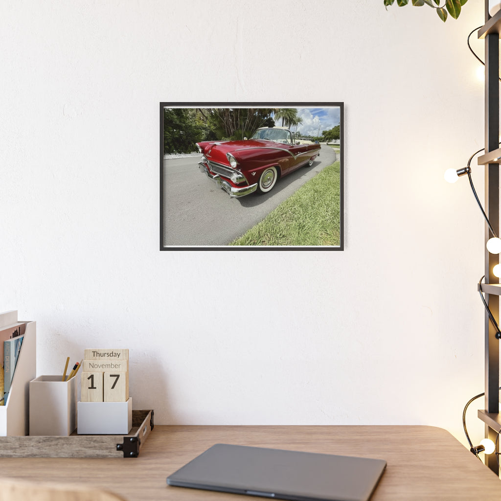 Vintage Red Convertible Poster with Wooden Frame — Classic Car Wall Art