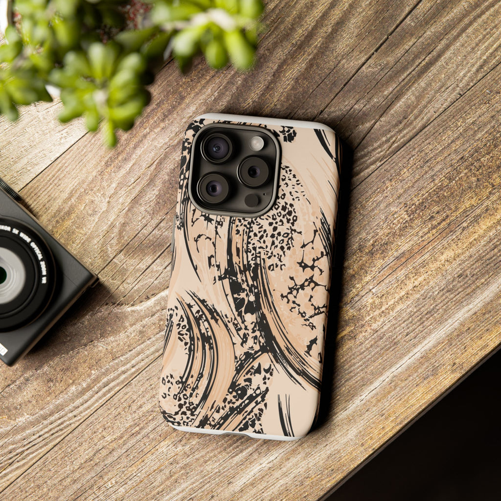 Abstract Brushstroke Phone Case — Neutral Beige & Black Artistic Protective Cover