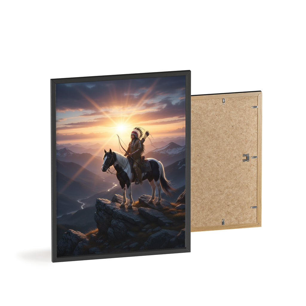 Native American Warrior on Horse Framed Poster — Scenic Sunrise Wall Art