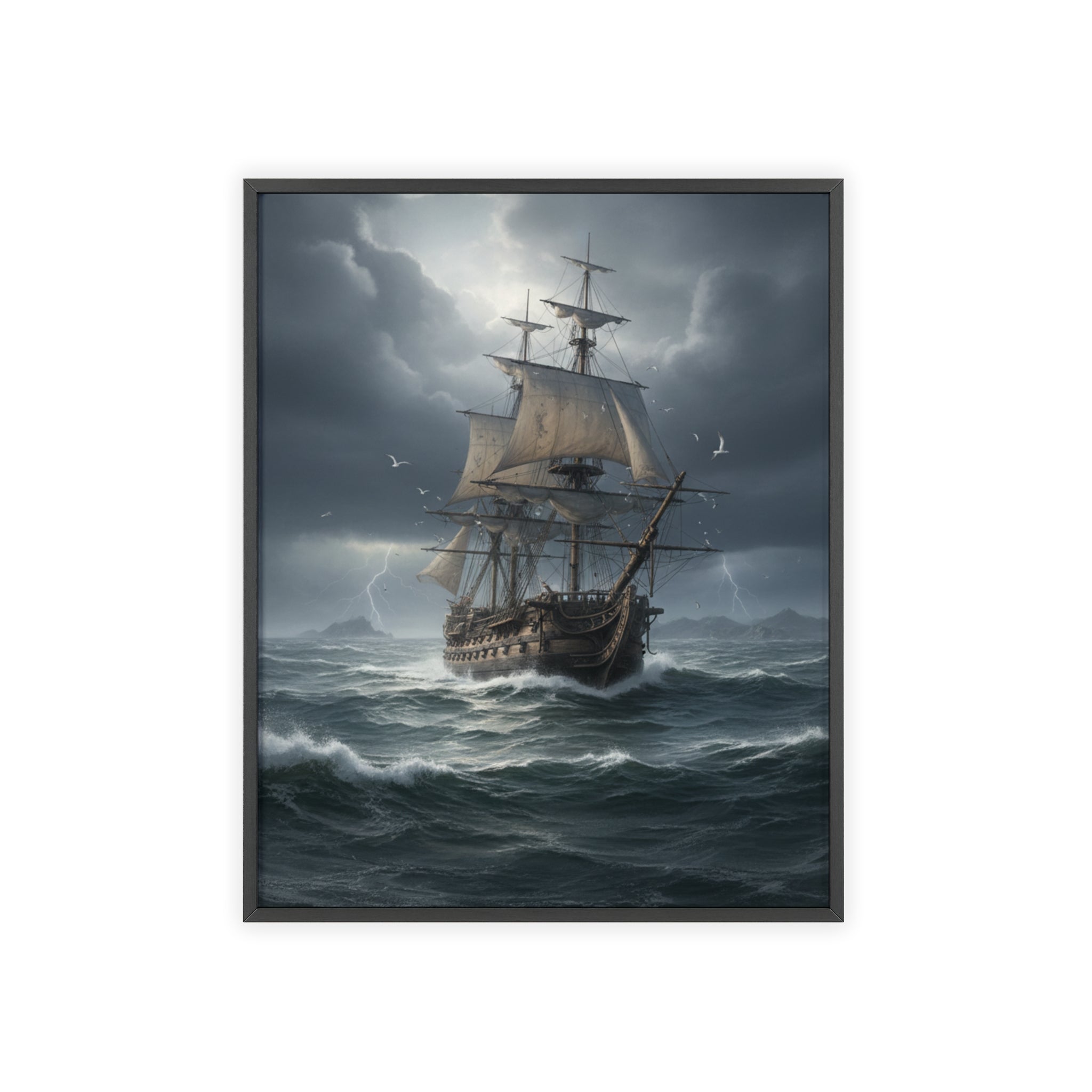 Framed Stormy Sea Ship Poster — Nautical Wall Art with Wooden Frame