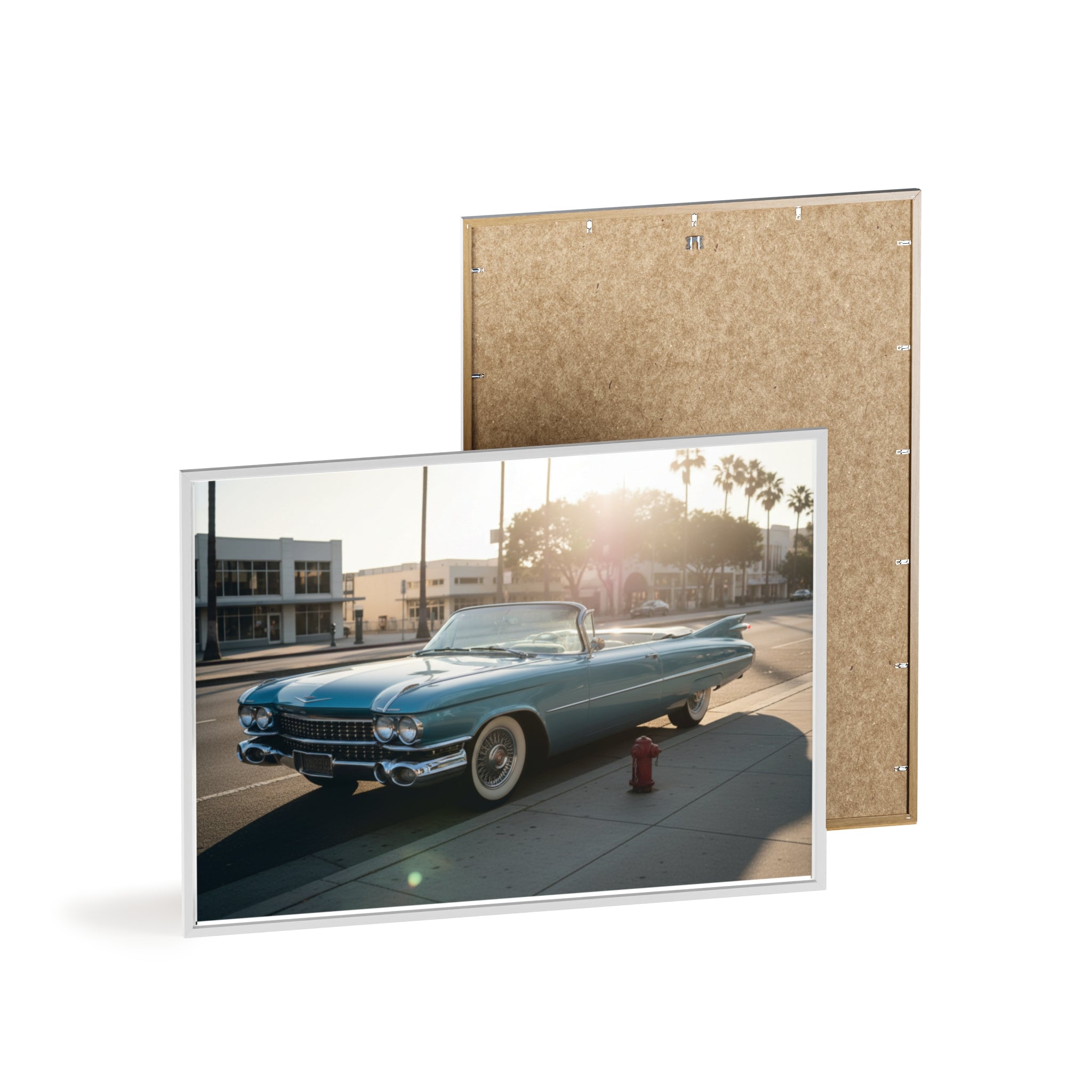 Vintage Blue Cadillac Poster with Wooden Frame – Retro Car Wall Art