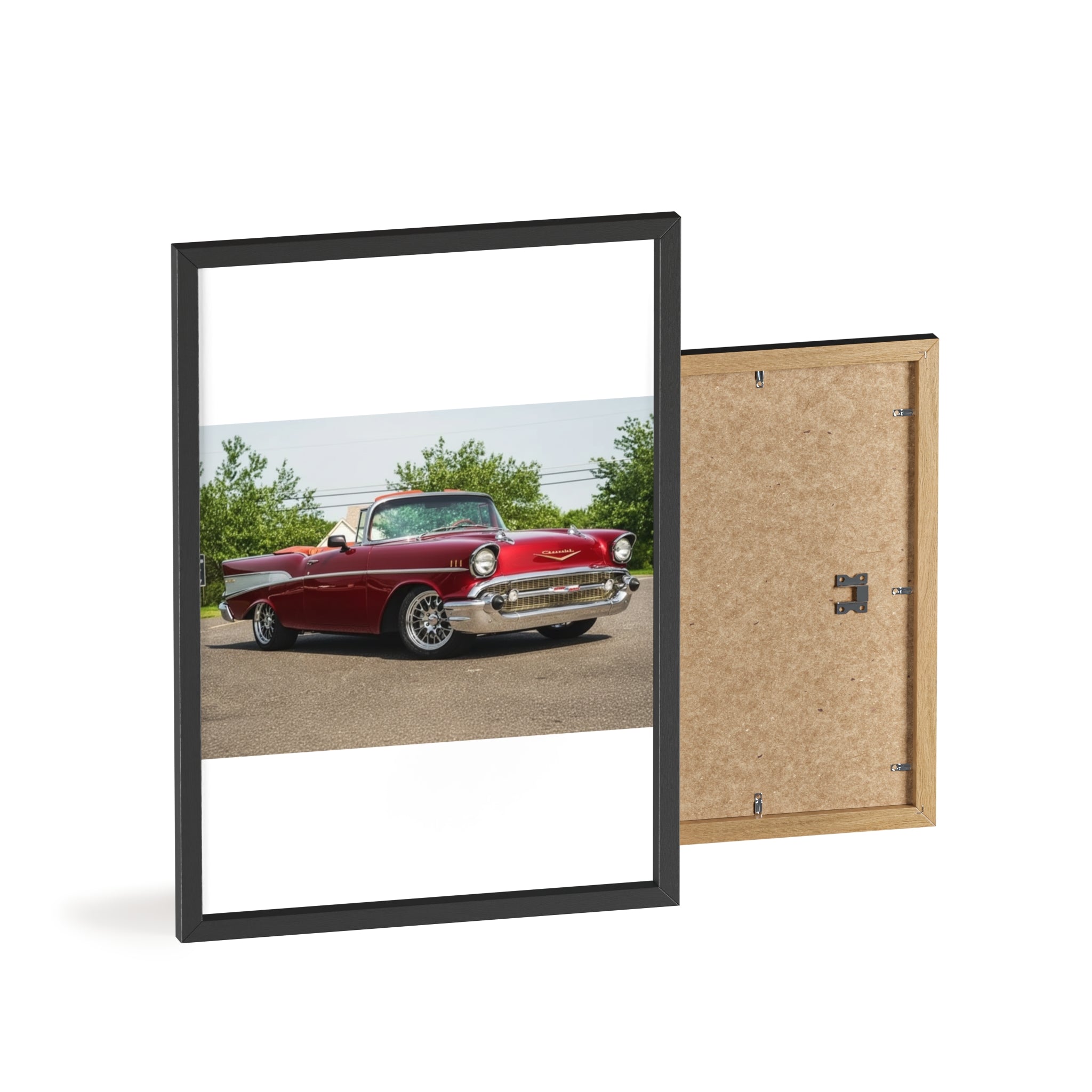 Classic Red Chevy Poster with Wooden Frame — Vintage Car Wall Art for Garage, Man Cave, Auto Enthusiasts