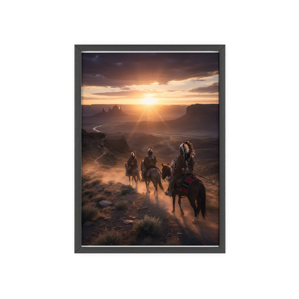 Framed Western Sunset Poster — Native Riders on Horseback Wall Art