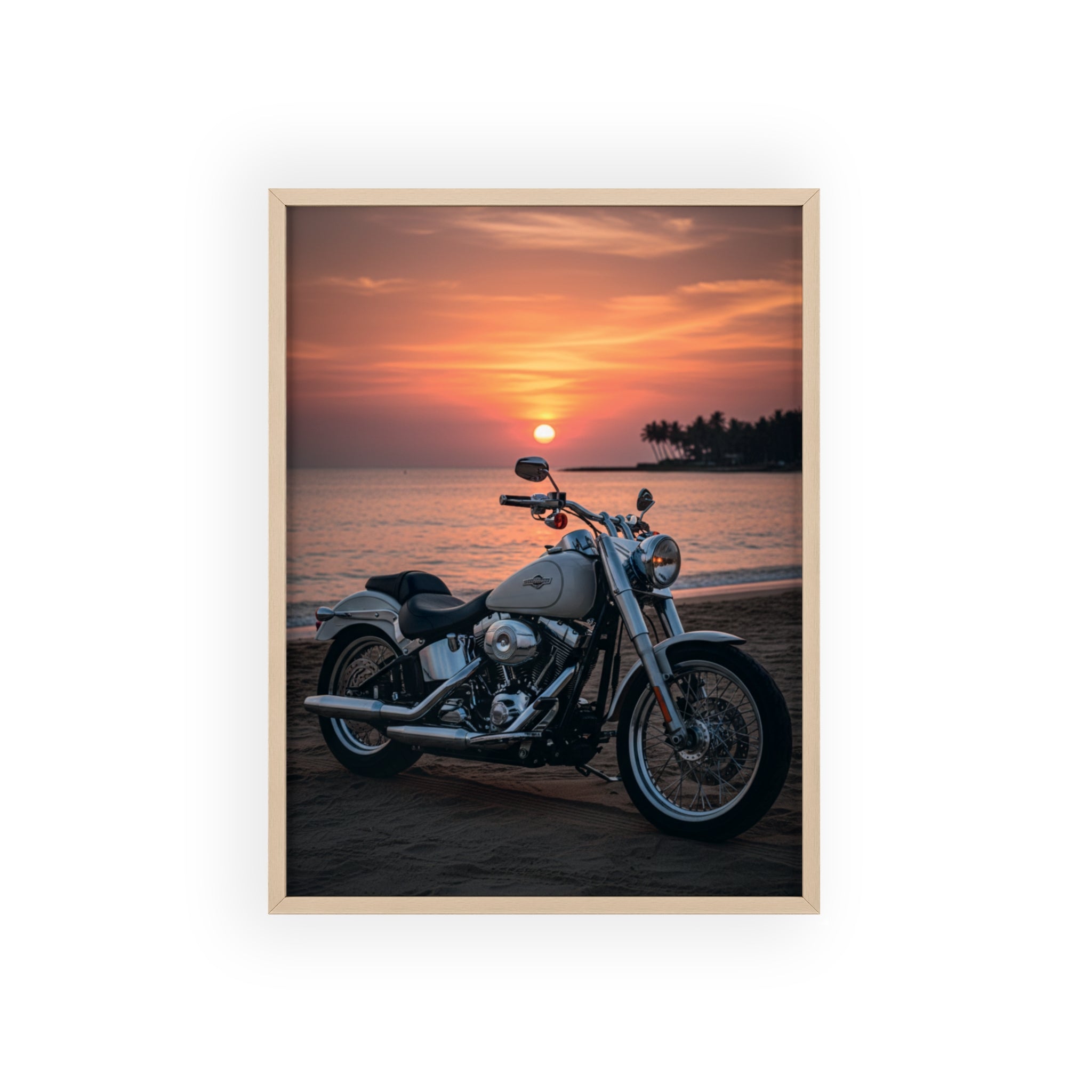 Sunset Beach Motorcycle Poster with Wooden Frame — Vintage Cruiser Wall Art