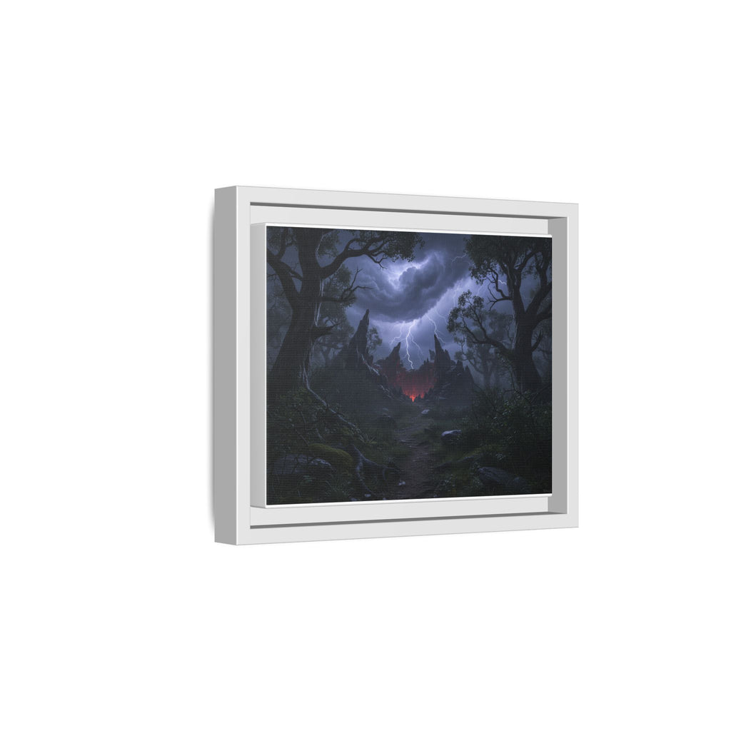 Dark Storm Forest Framed Canvas Print — Lightning, Haunted Castle Art
