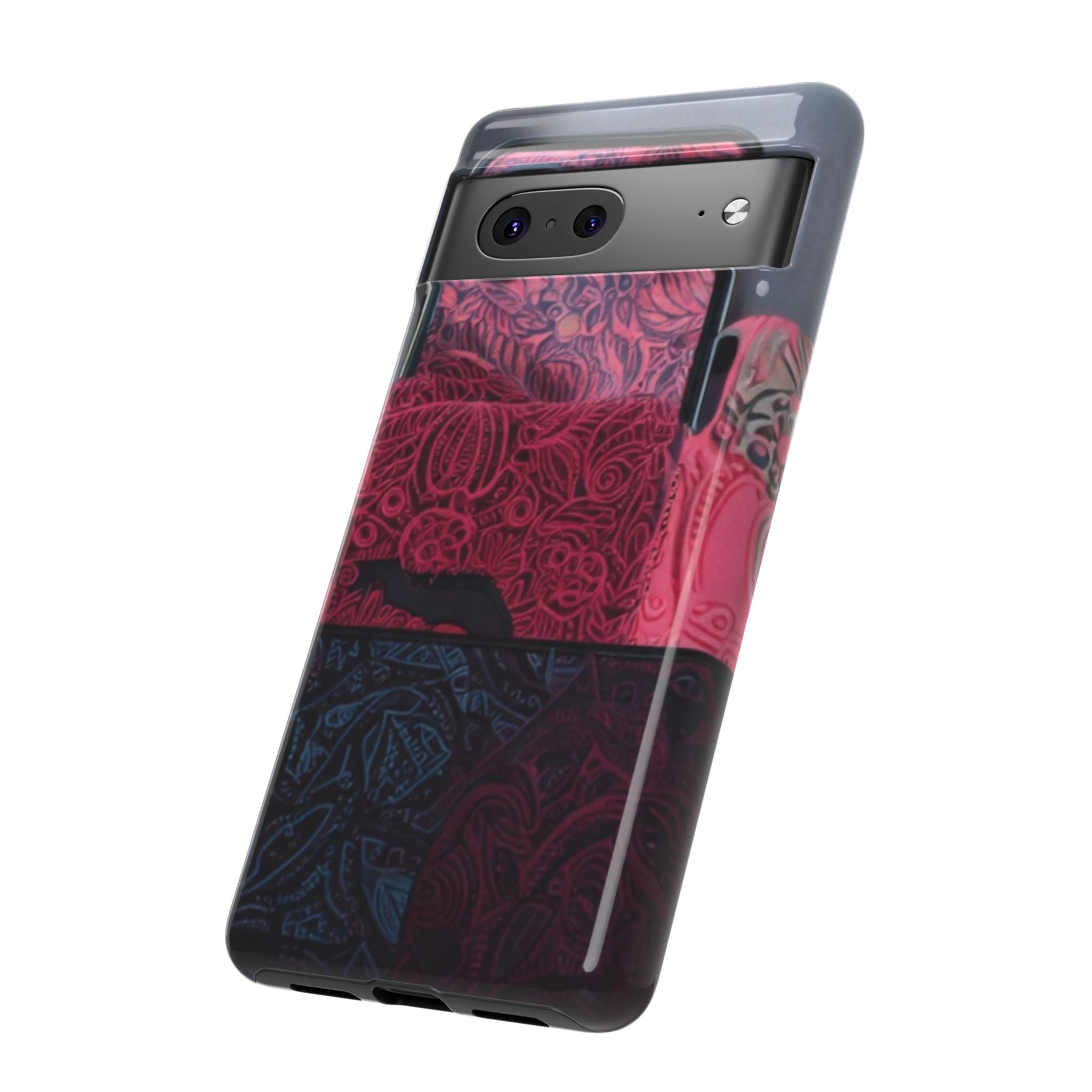 Floral Patchwork Tough Phone Case — Pink & Navy Doodle Design
