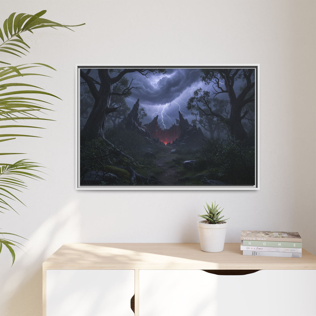 Dark Storm Forest Framed Canvas Print — Lightning, Haunted Castle Art