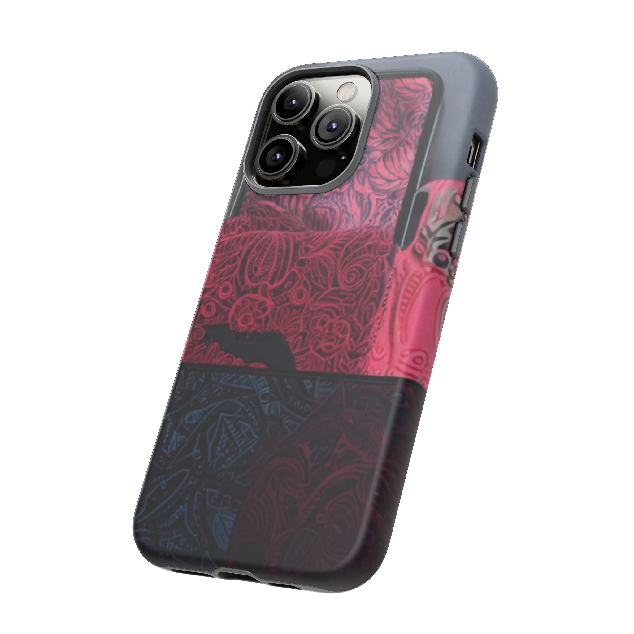 Floral Patchwork Tough Phone Case — Pink & Navy Doodle Design