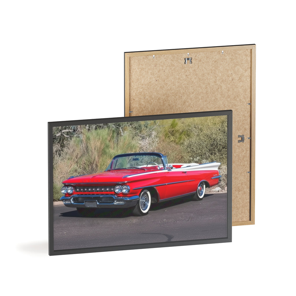 Vintage Red Convertible Car Poster with Wooden Frame — Classic Auto Wall Art