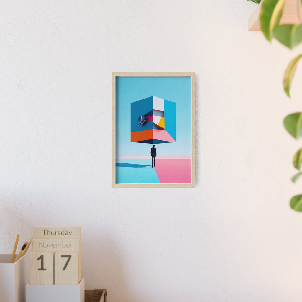 Surreal Geometric Art Poster with Wooden Frame — Modern Minimal Wall Decor