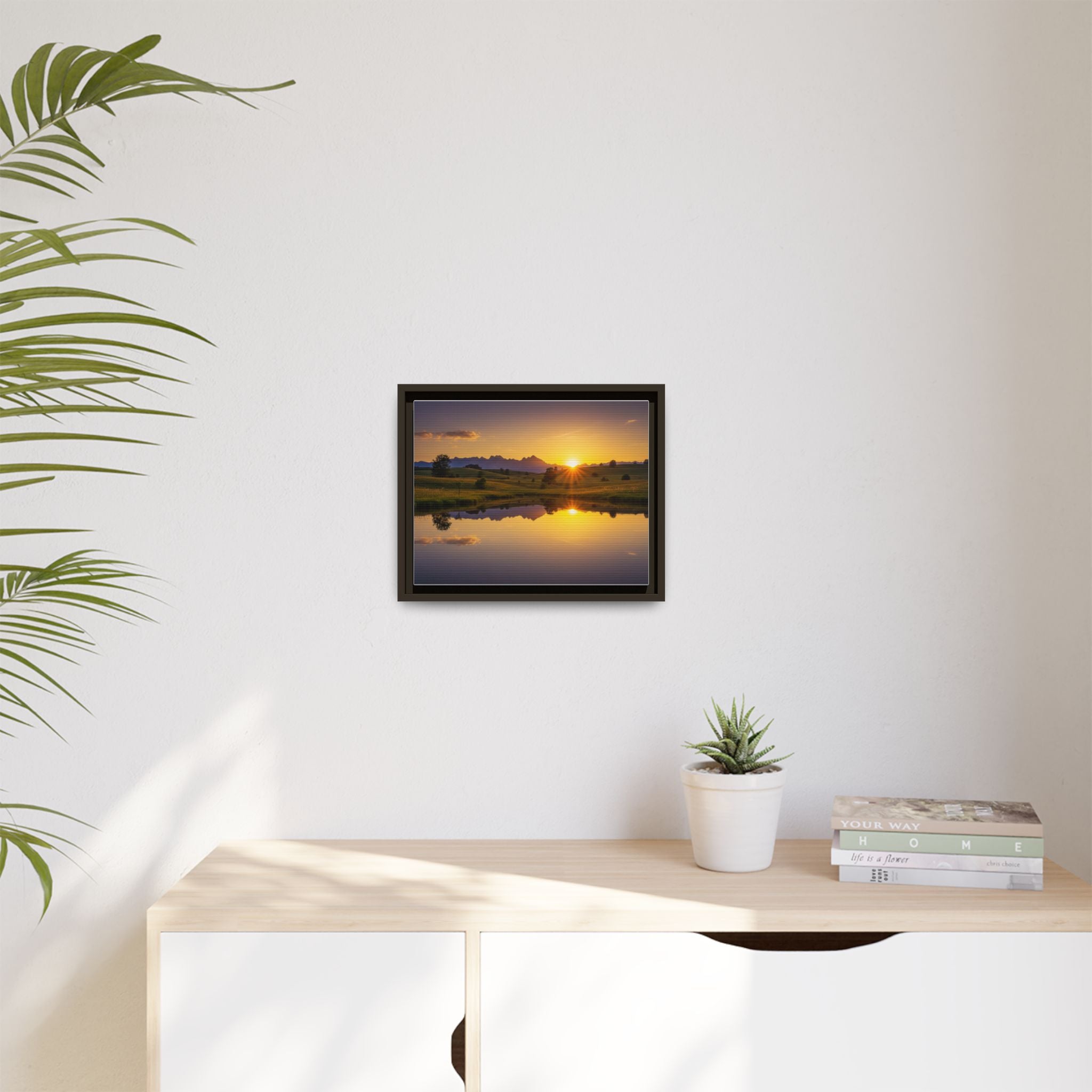 Framed Matte Canvas Sunset Landscape — Serene Lake Reflection Wall Art