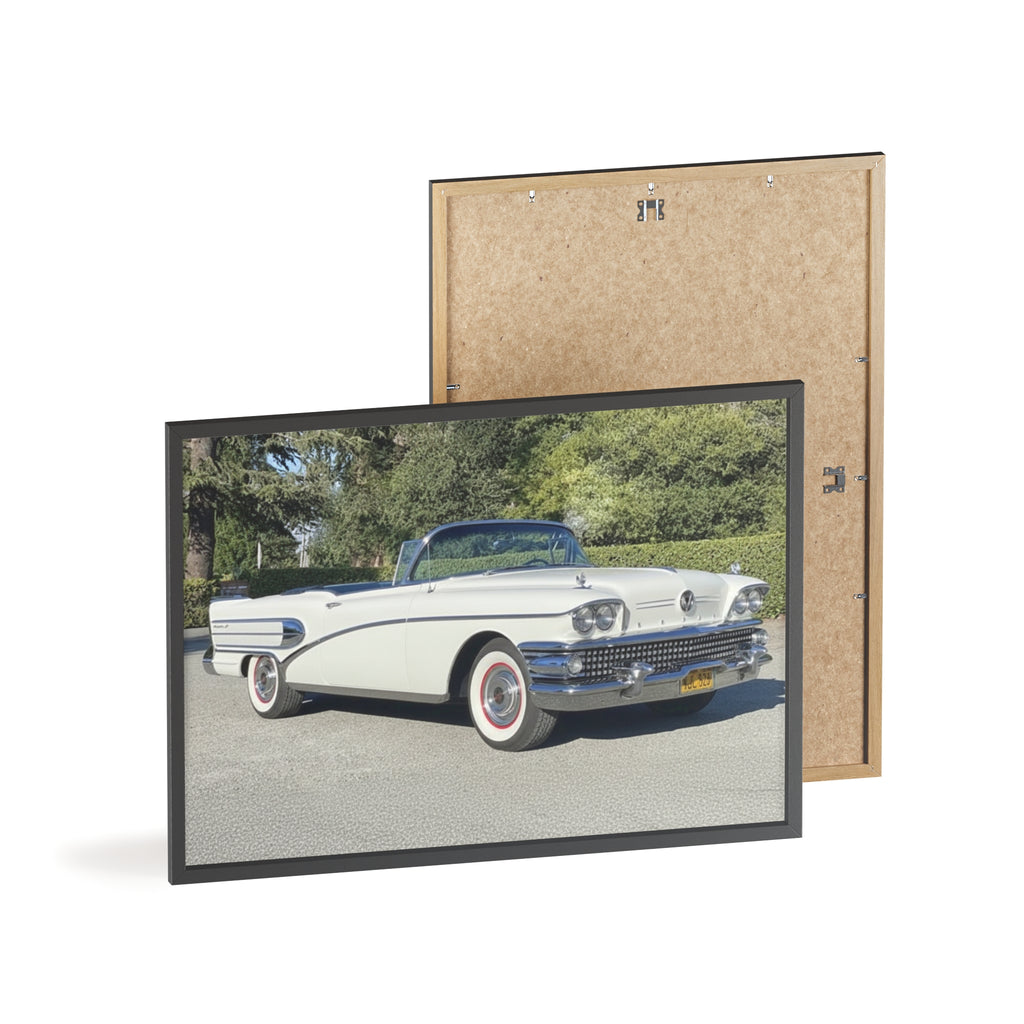 Classic White Convertible Car Poster with Wooden Frame — Vintage Auto Wall Art