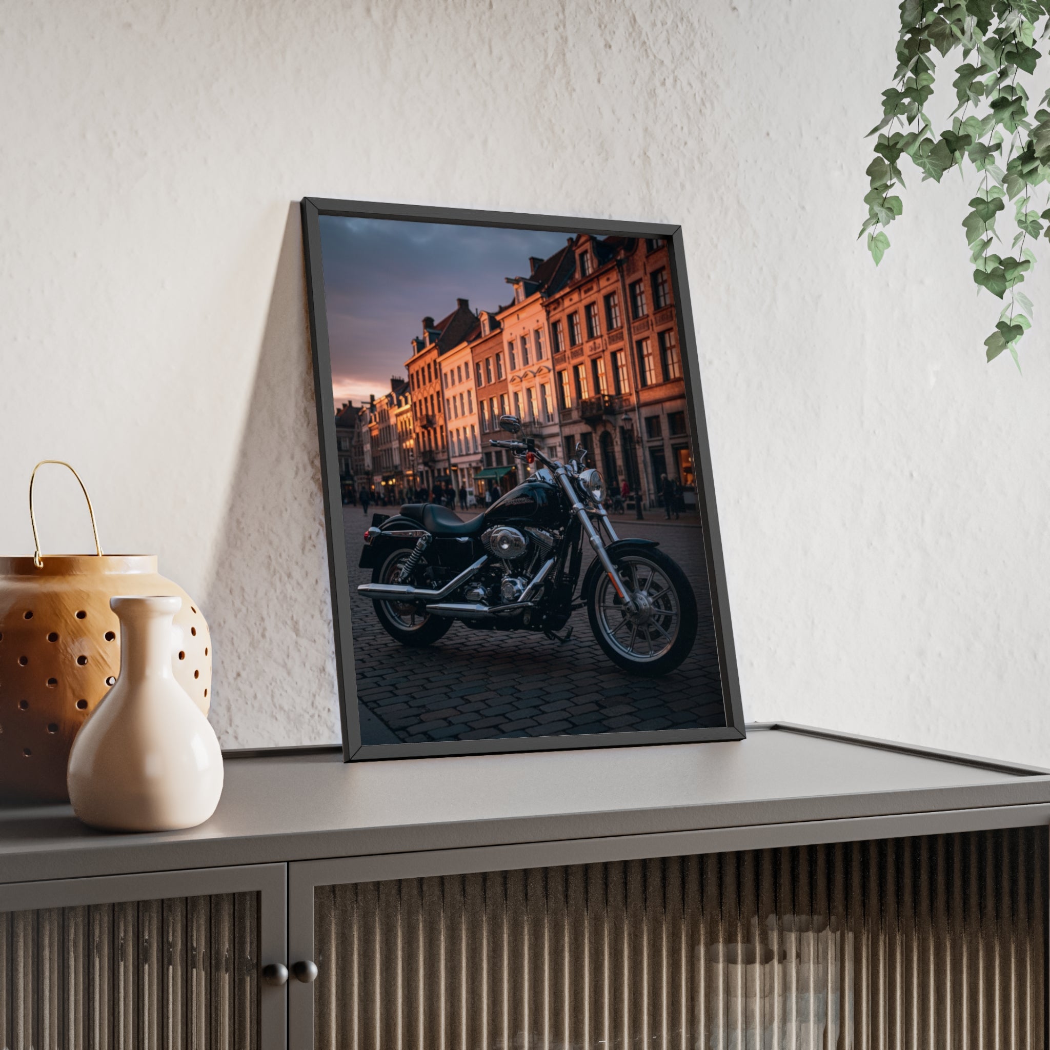 Vintage Motorcycle Poster with Wooden Frame — Urban Sunset Bike Wall Art