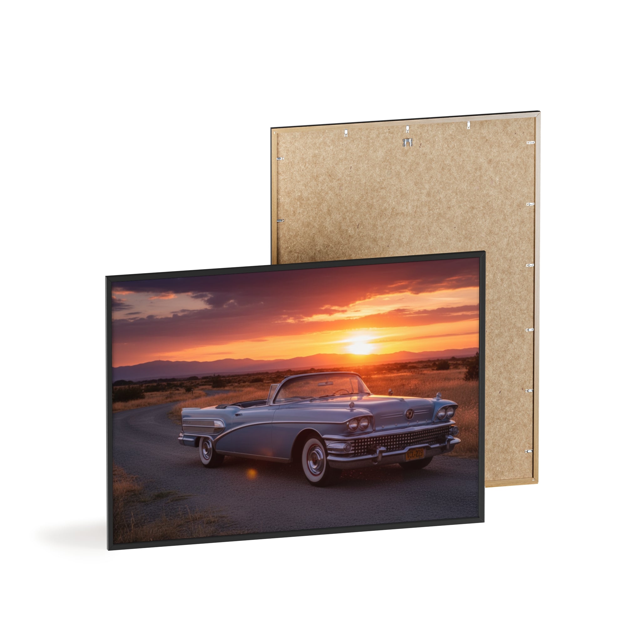 Vintage Convertible Sunset Poster with Wooden Frame