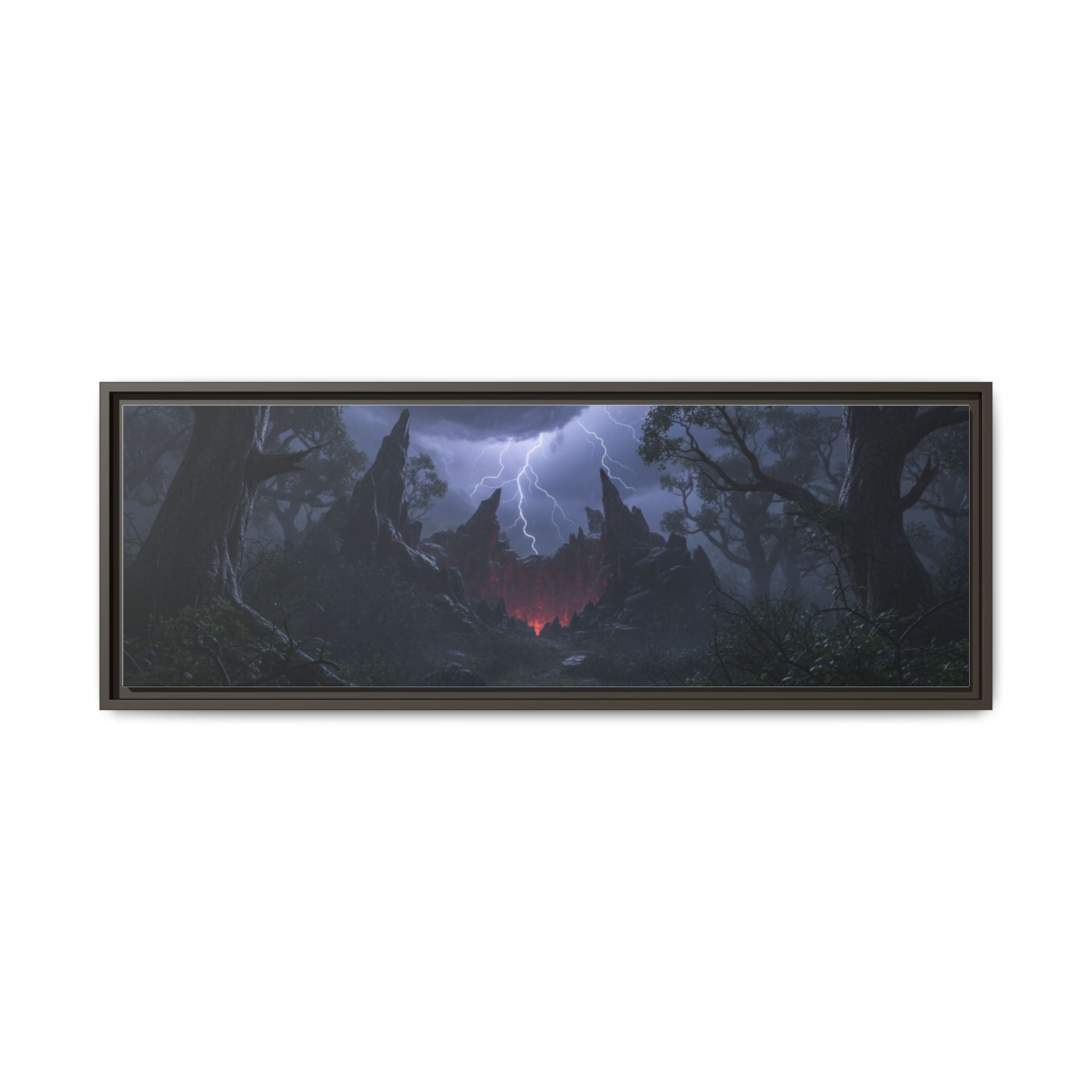 Dark Storm Forest Framed Canvas Print — Lightning, Haunted Castle Art
