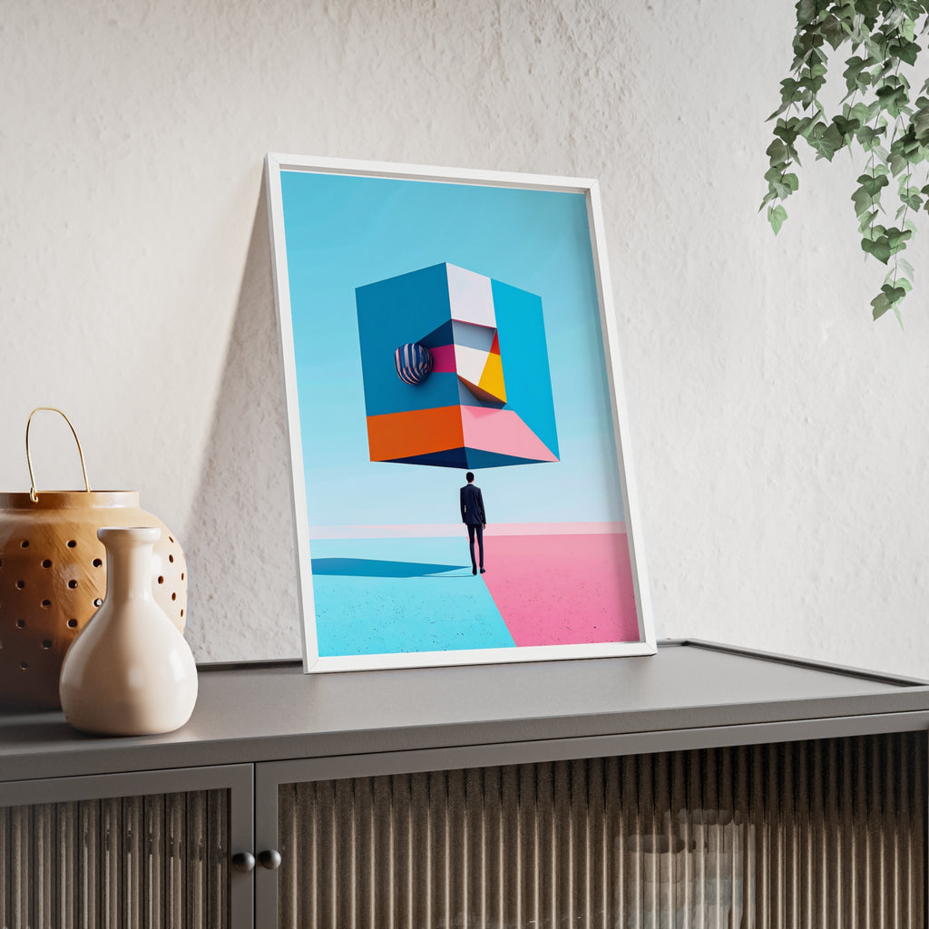 Surreal Geometric Art Poster with Wooden Frame — Modern Minimal Wall Decor