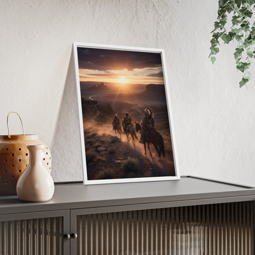 Framed Western Sunset Poster — Native Riders on Horseback Wall Art