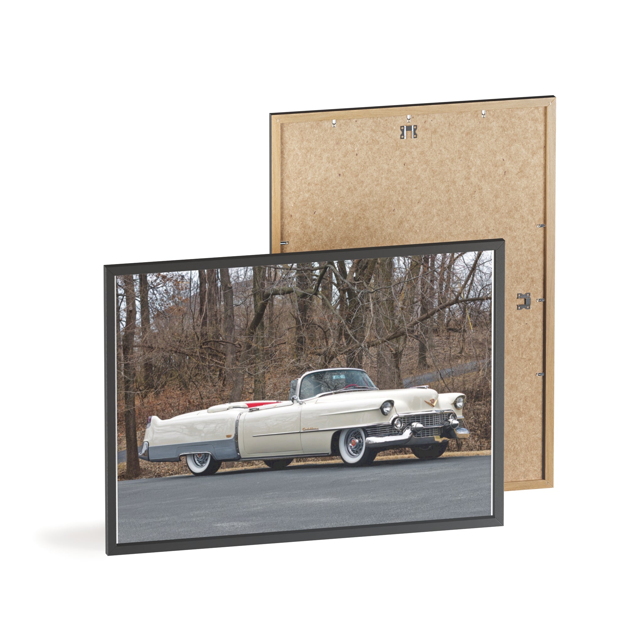 Vintage 1950s White Cadillac Poster with Wooden Frame - Classic Car Wall Art