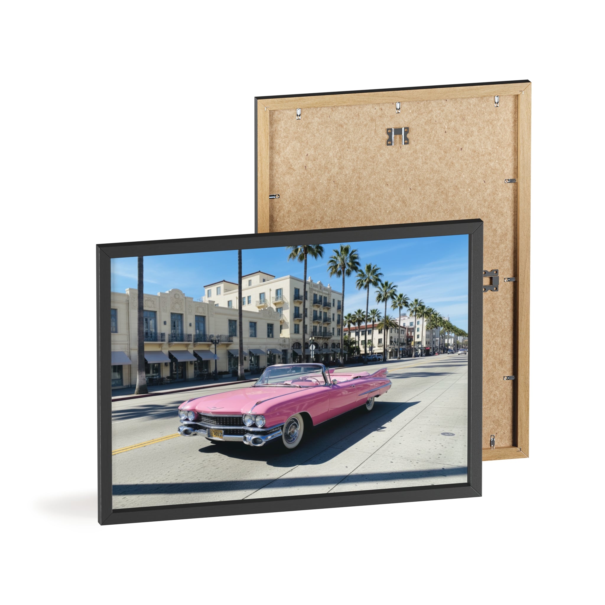 Retro Pink Cadillac Poster with Wooden Frame — Vintage Palm-Drive Wall Art
