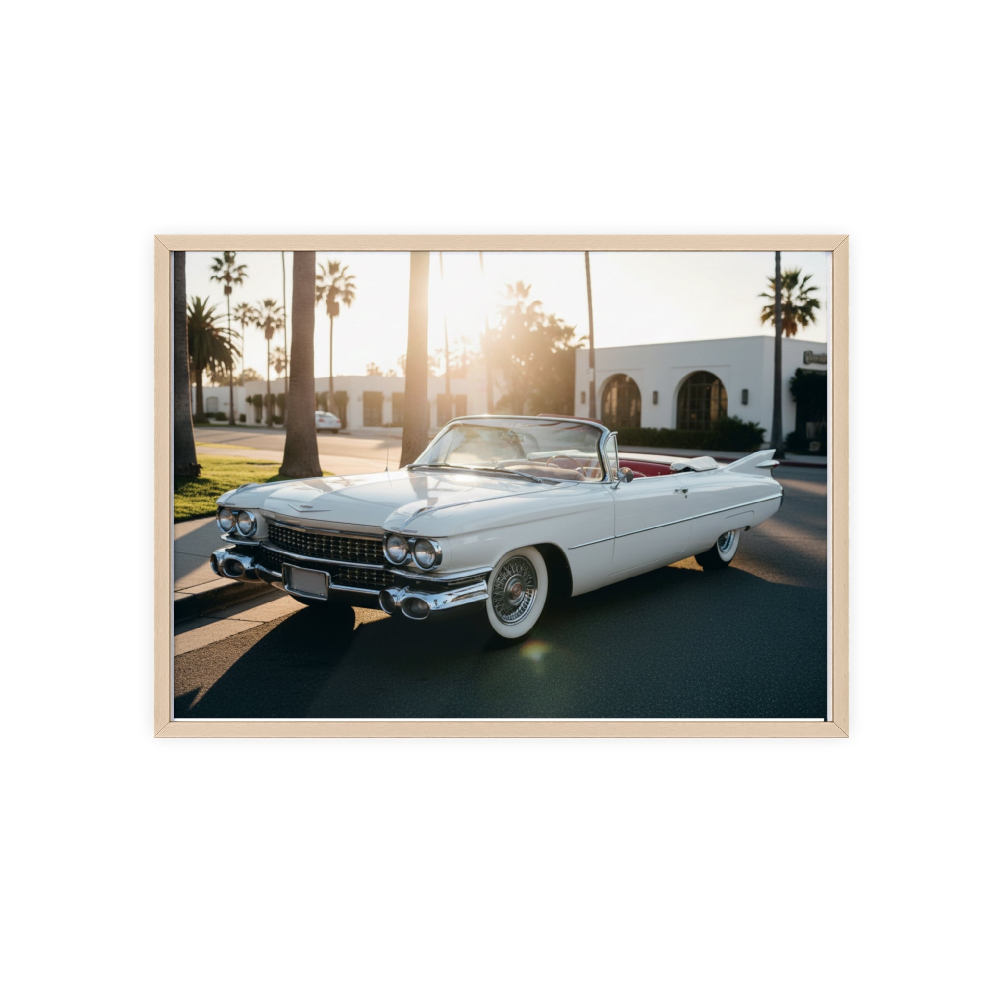 Vintage Cadillac Convertible Poster with Wooden Frame — Retro Palm Trees Sunset Wall Art