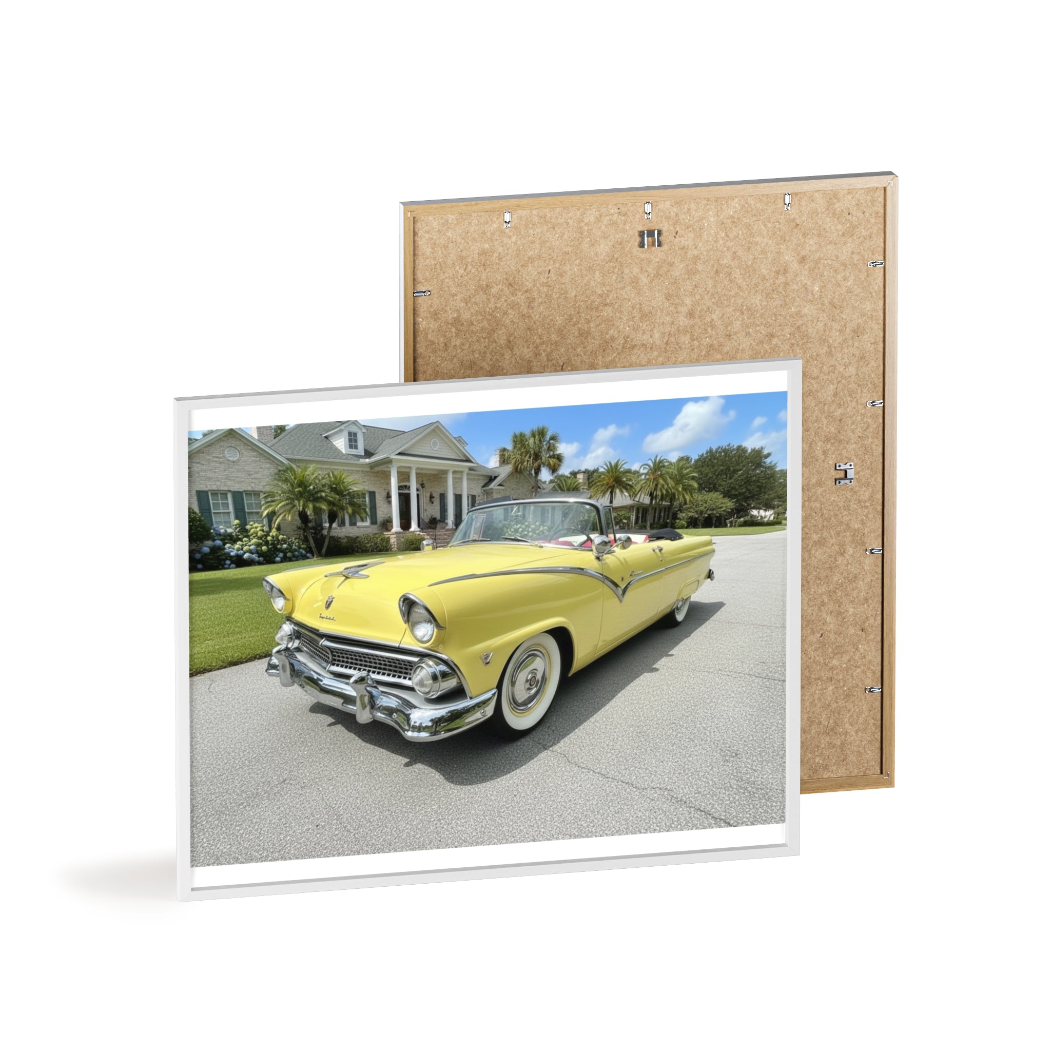 Vintage Yellow Classic Car Poster — Framed Wooden Wall Art