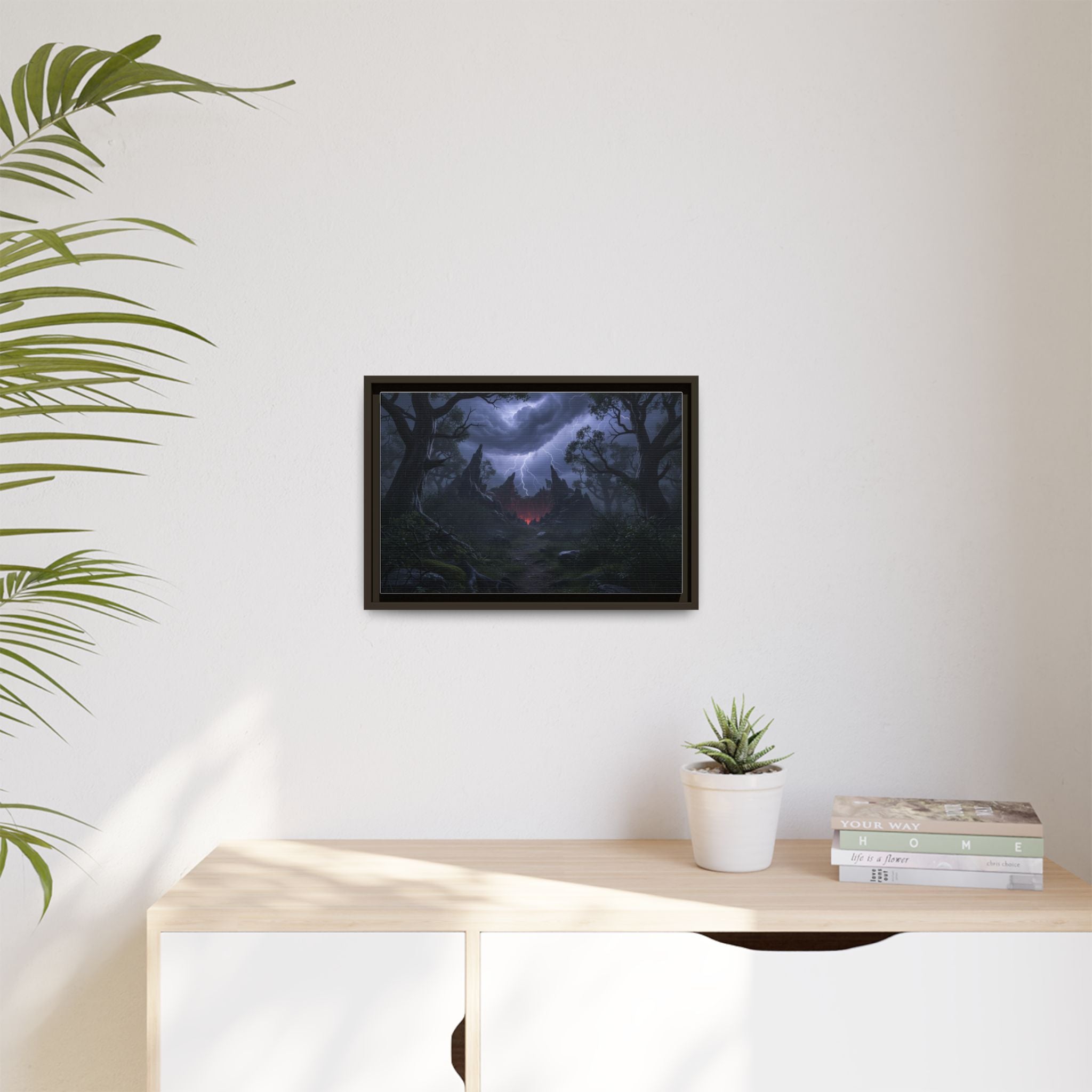 Dark Storm Forest Framed Canvas Print — Lightning, Haunted Castle Art