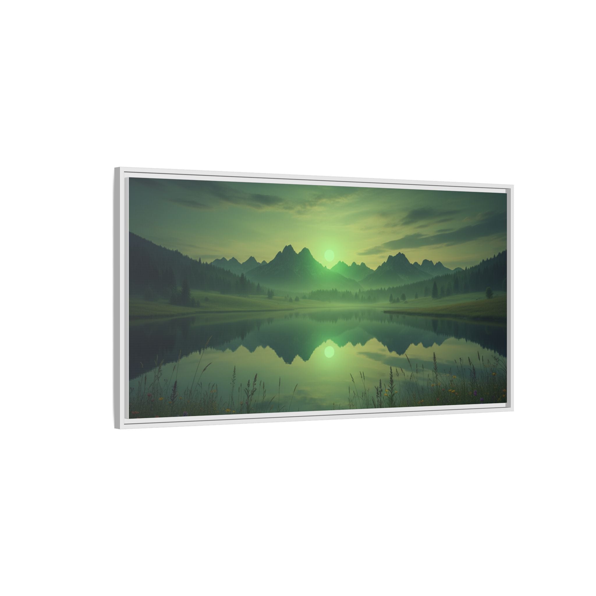 Framed Matte Canvas Print — Serene Green Mountain Lake Landscape