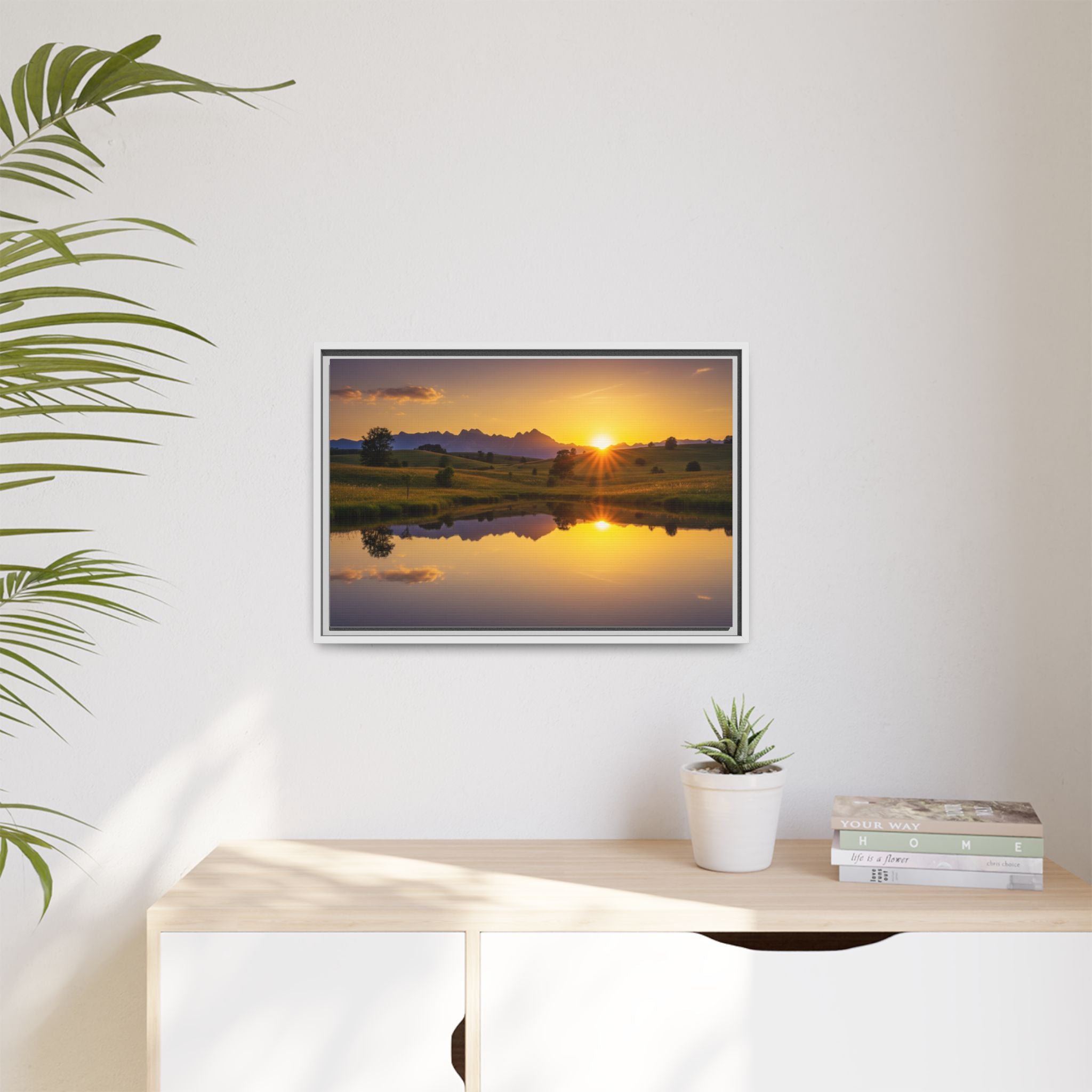 Framed Matte Canvas Sunset Landscape — Serene Lake Reflection Wall Art