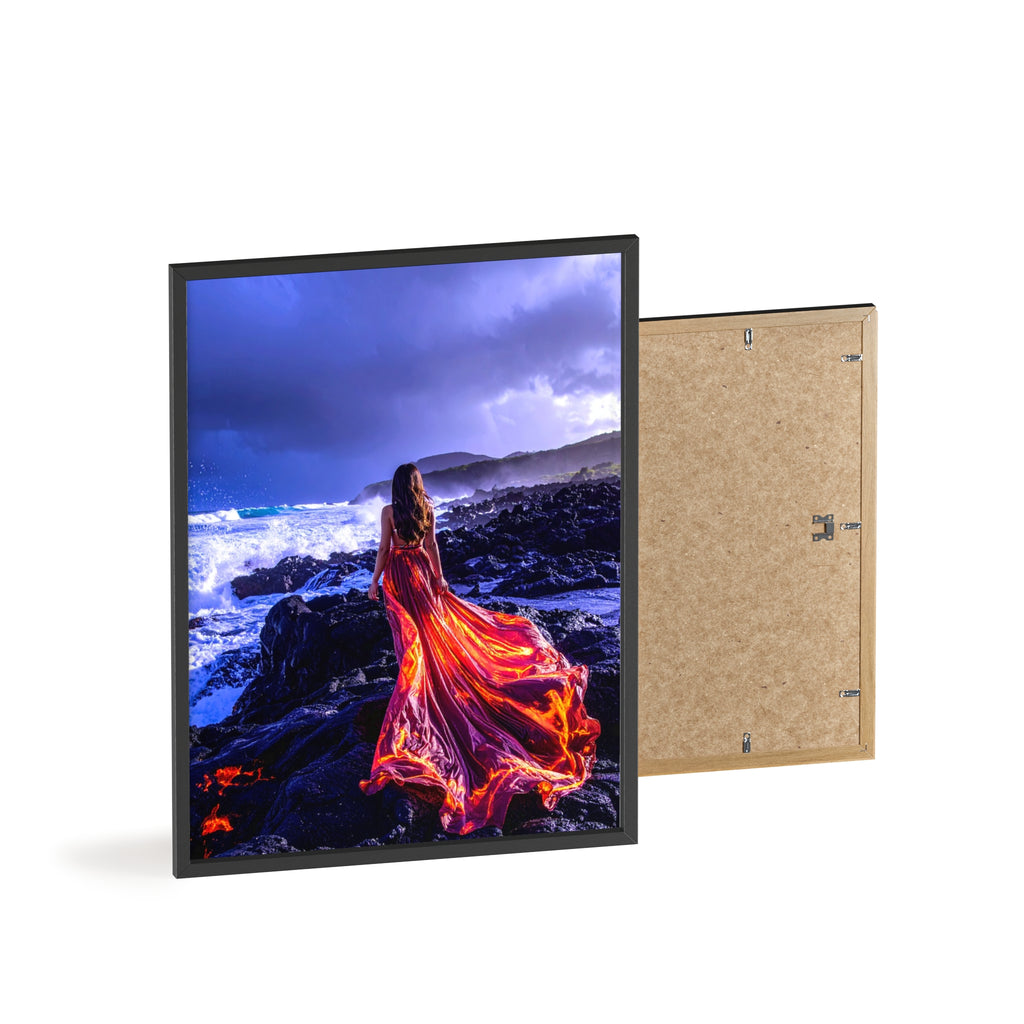 Framed Art Print — Woman in Fiery Red Dress on Rocky Shore (Wooden Frame Poster)