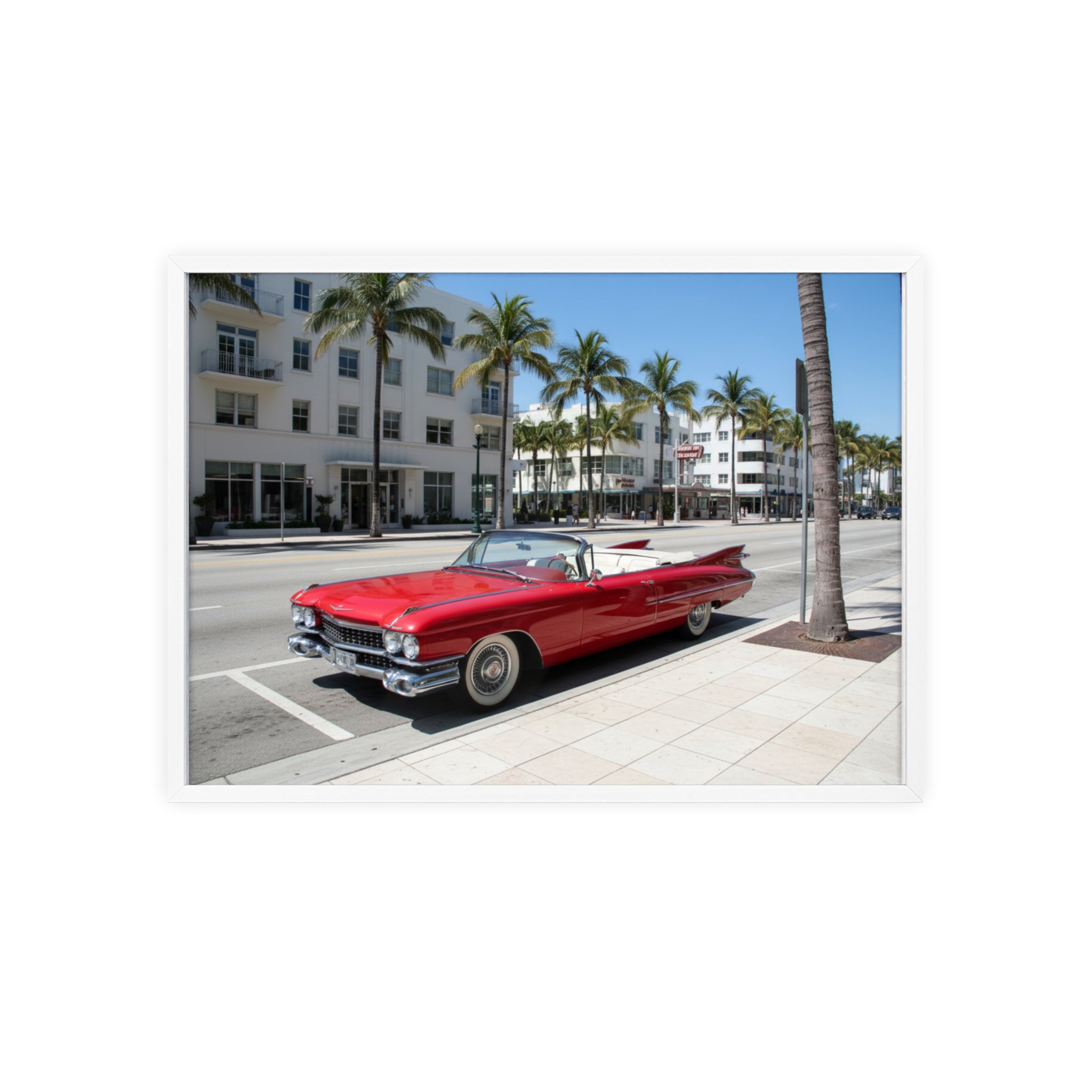 Retro Red Convertible Palm Beach Poster with Wooden Frame