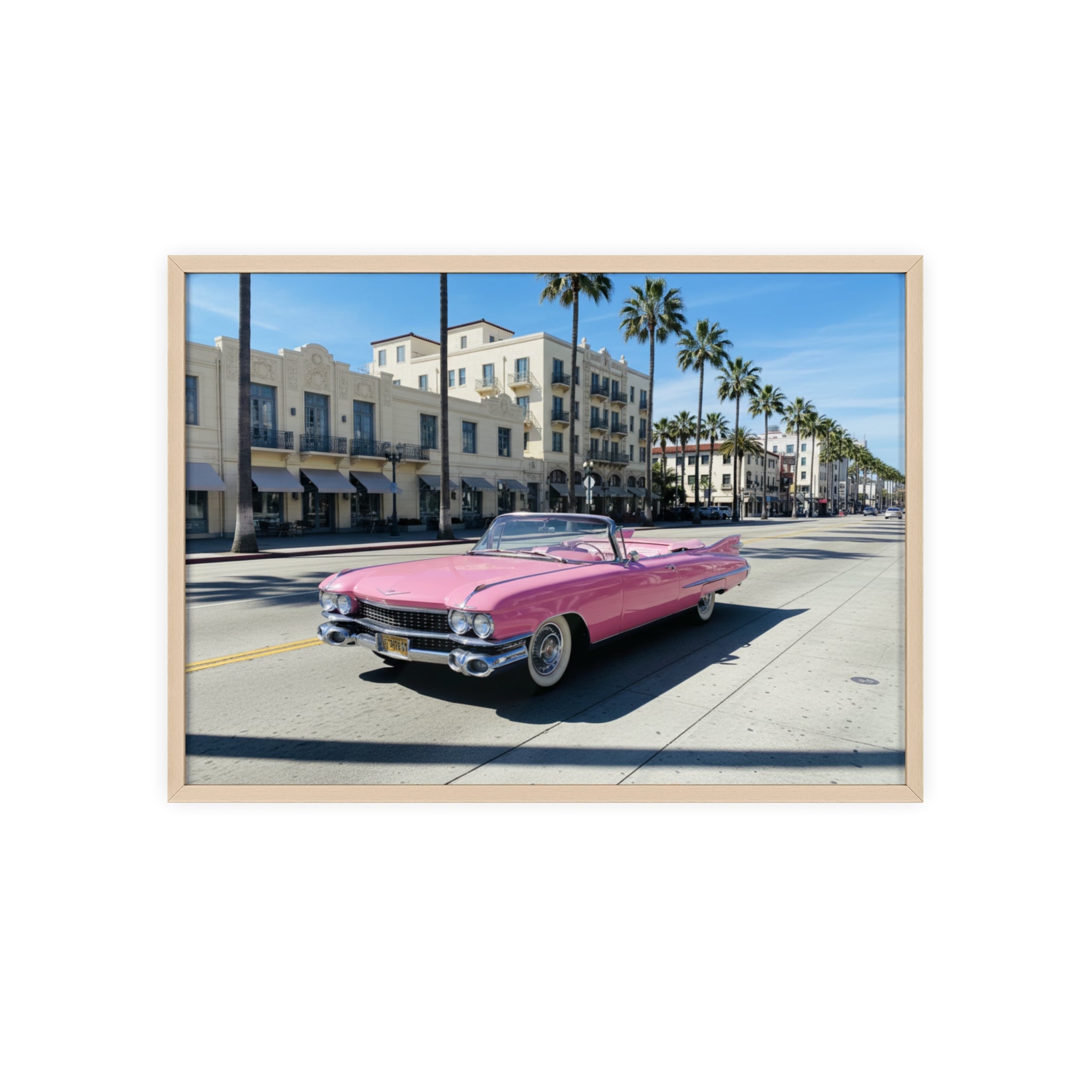 Retro Pink Cadillac Poster with Wooden Frame — Vintage Palm-Drive Wall Art