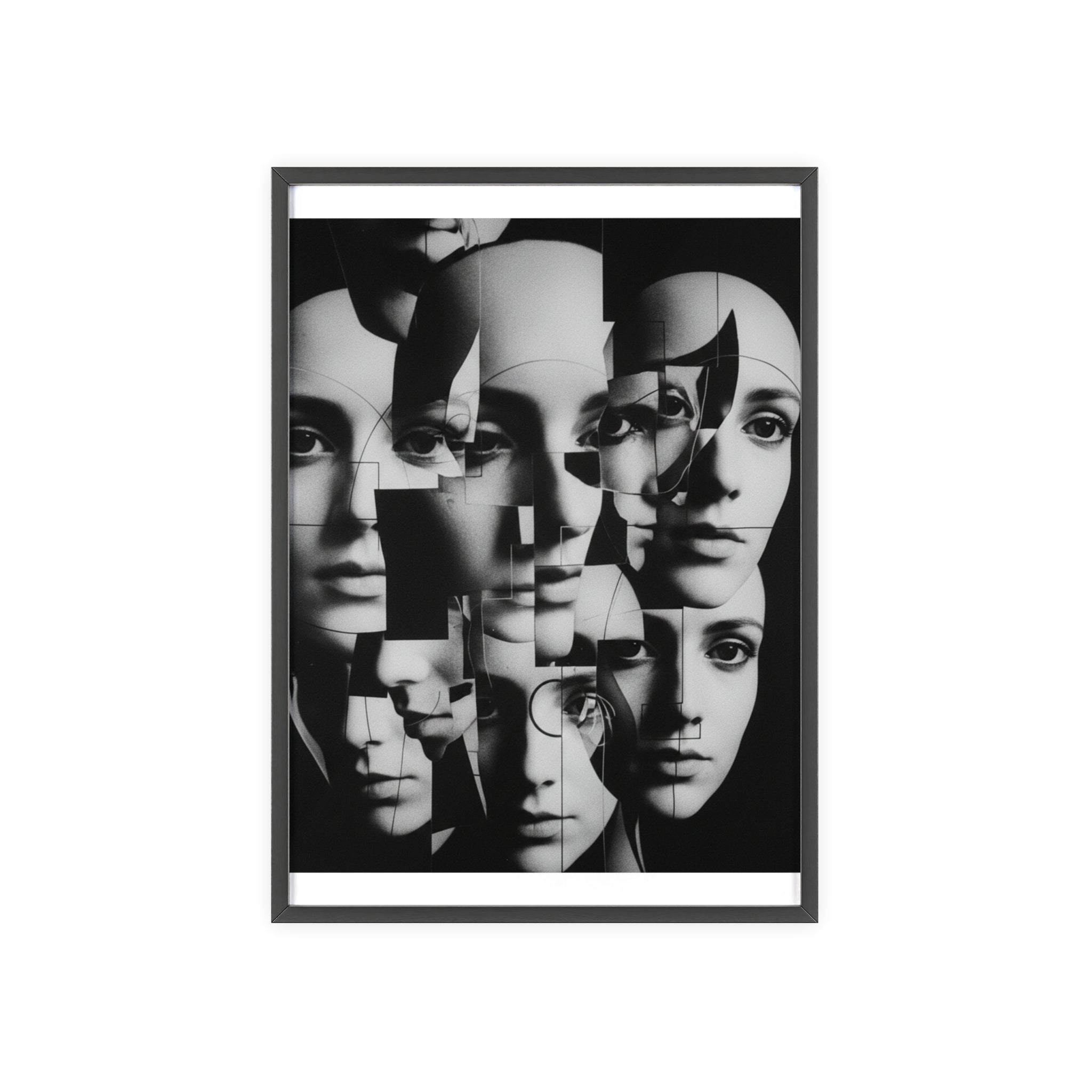 Surreal Multi-Face Black & White Poster — Framed Wooden Art Print