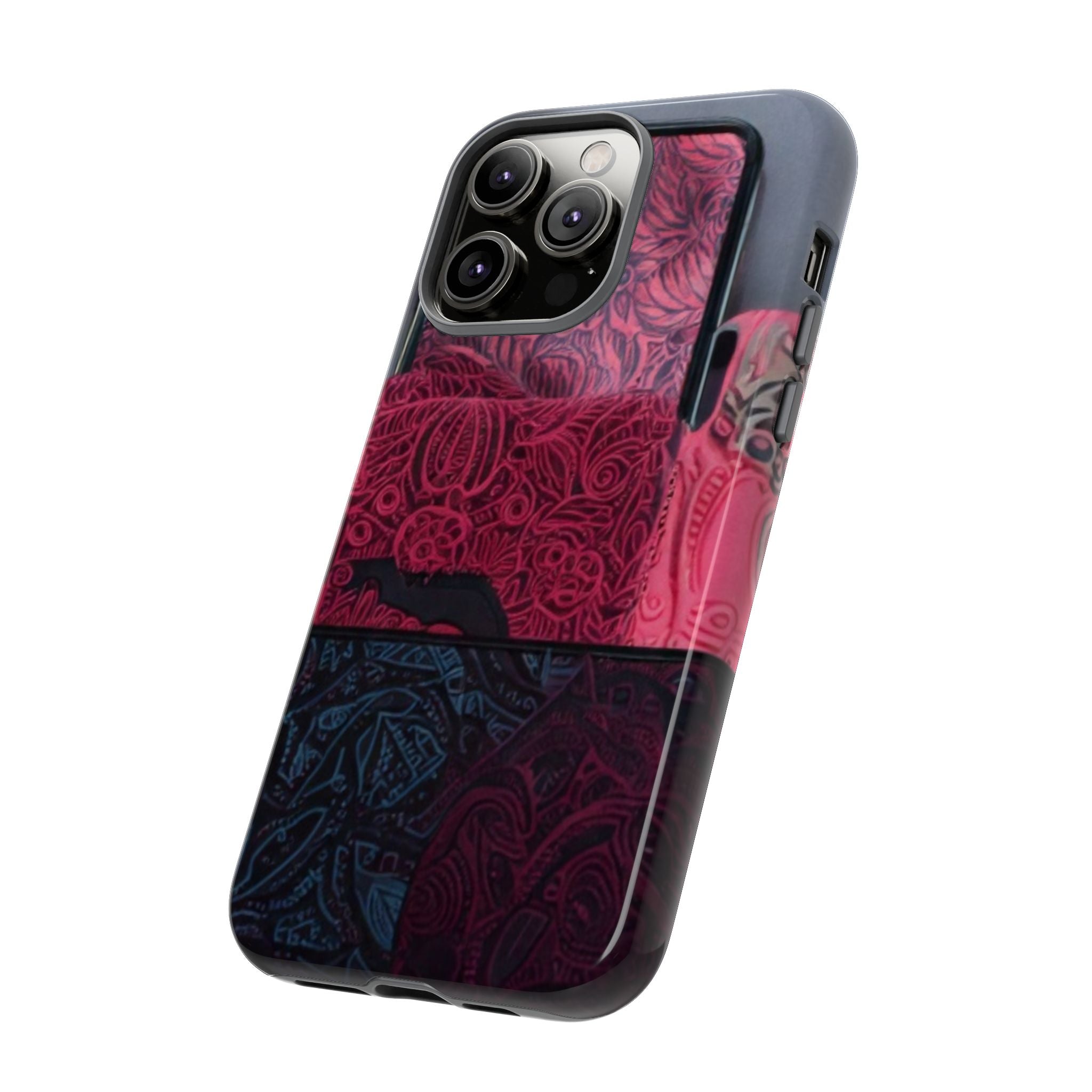 Floral Patchwork Tough Phone Case — Pink & Navy Doodle Design