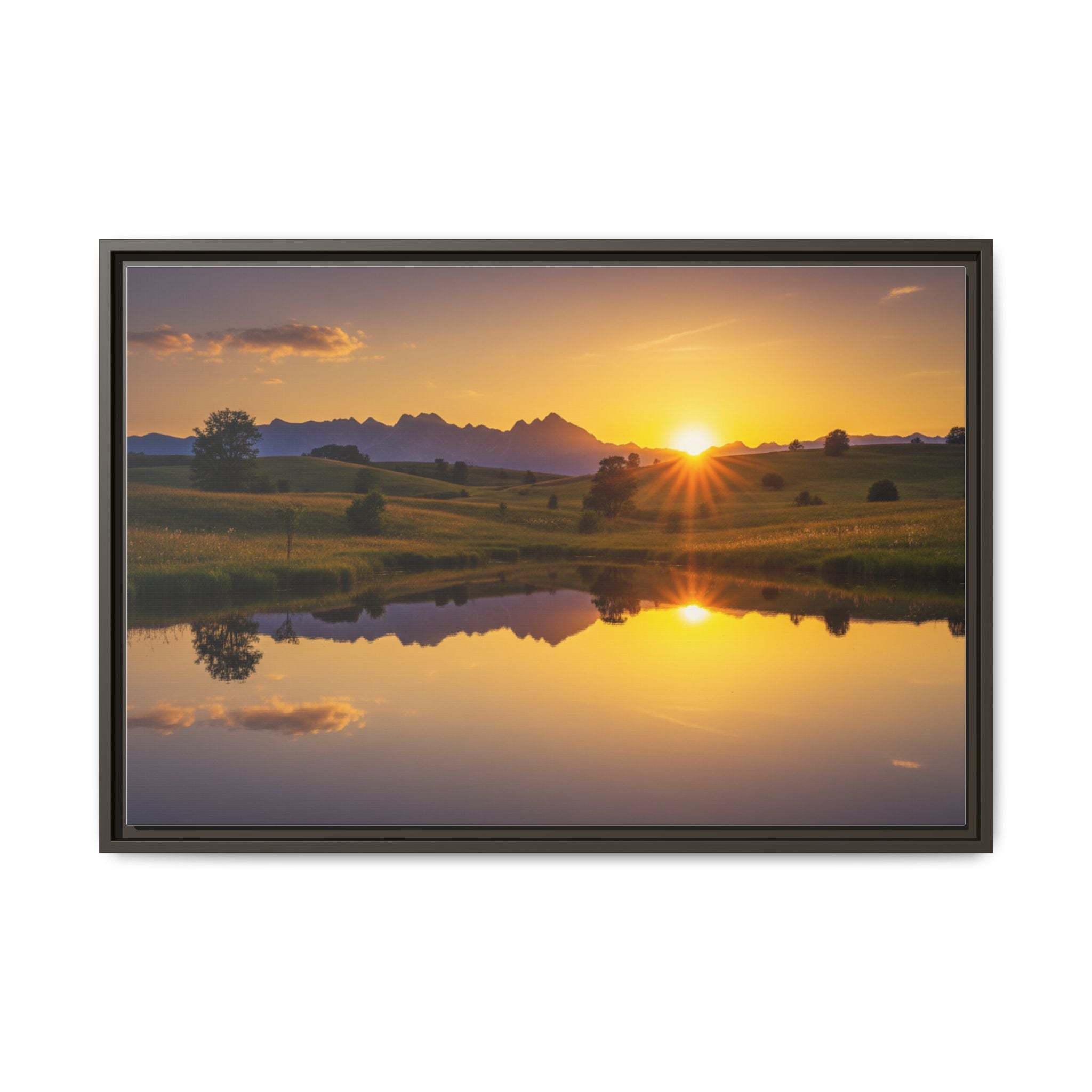 Framed Matte Canvas Sunset Landscape — Serene Lake Reflection Wall Art