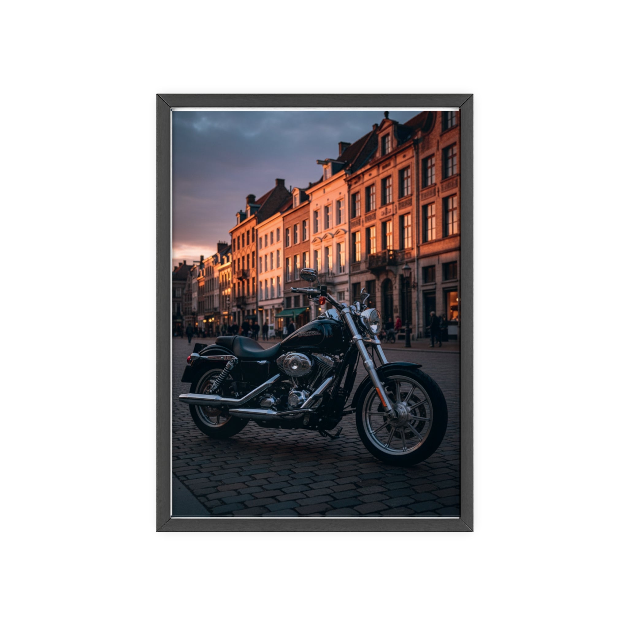 Vintage Motorcycle Poster with Wooden Frame — Urban Sunset Bike Wall Art
