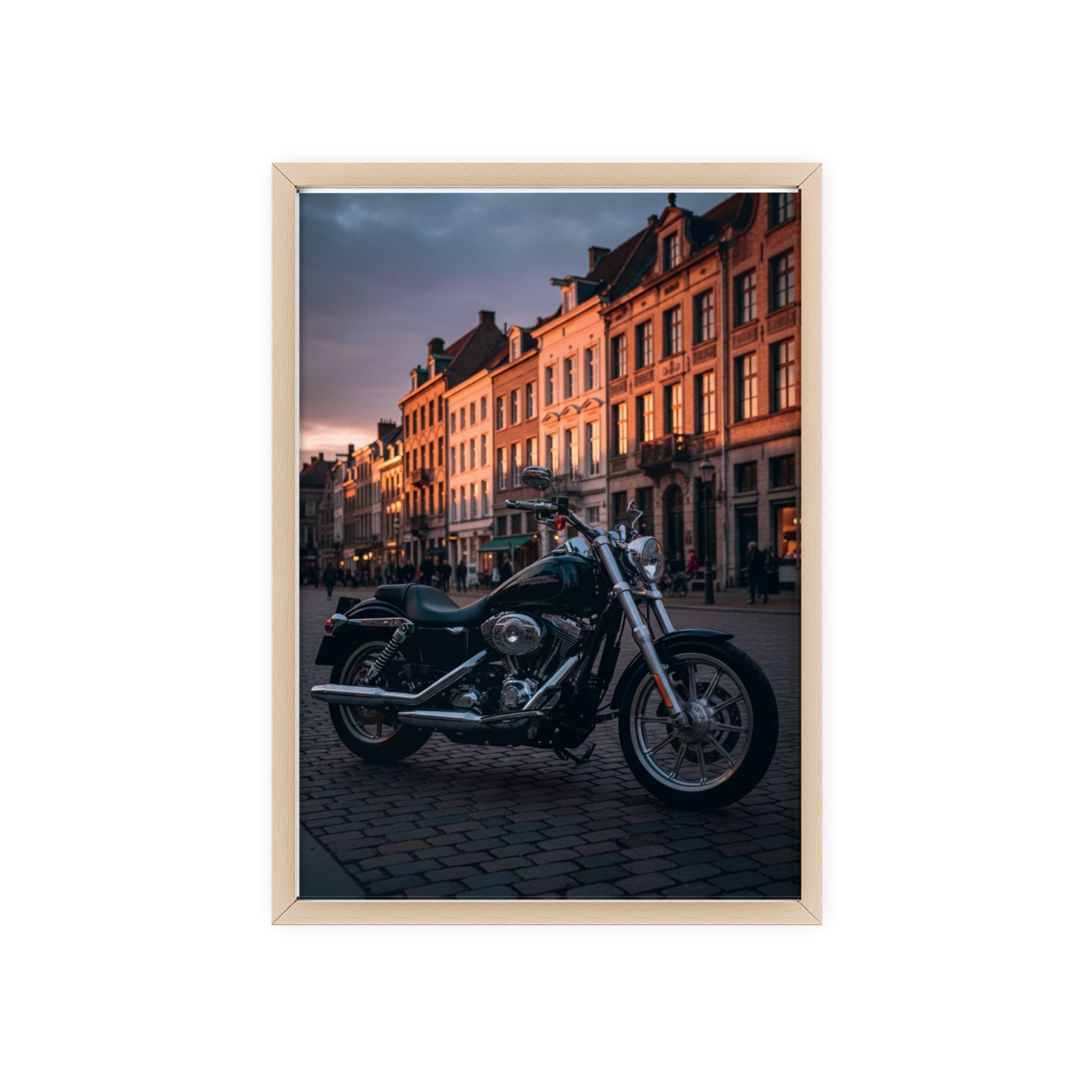 Vintage Motorcycle Poster with Wooden Frame — Urban Sunset Bike Wall Art