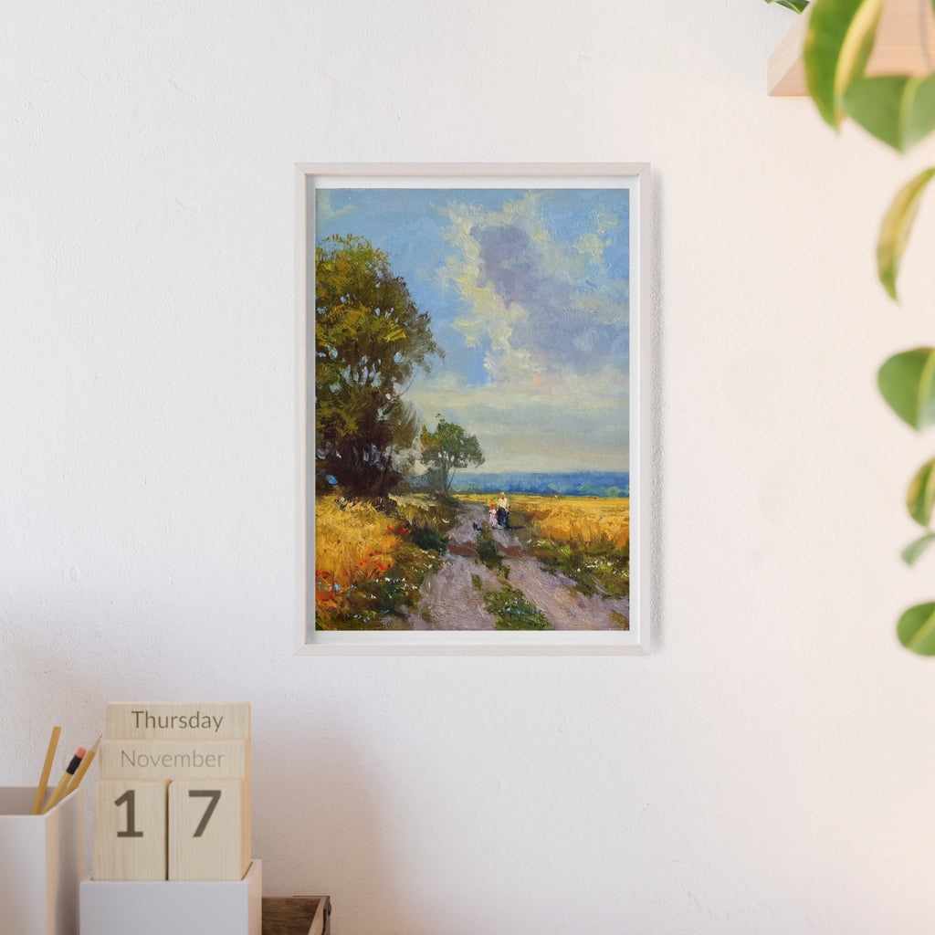 Framed Countryside Landscape Poster — Rustic Wooden Frame Wall Art