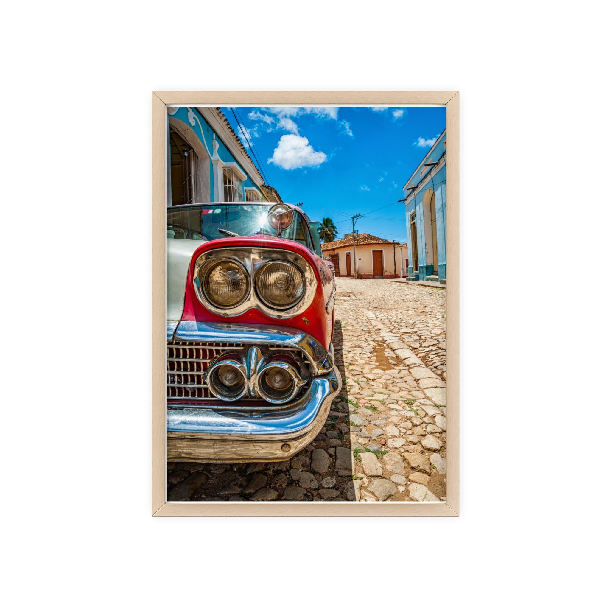 Vintage Classic Car Poster with Wooden Frame — Retro Cuba Street Photography Wall Art